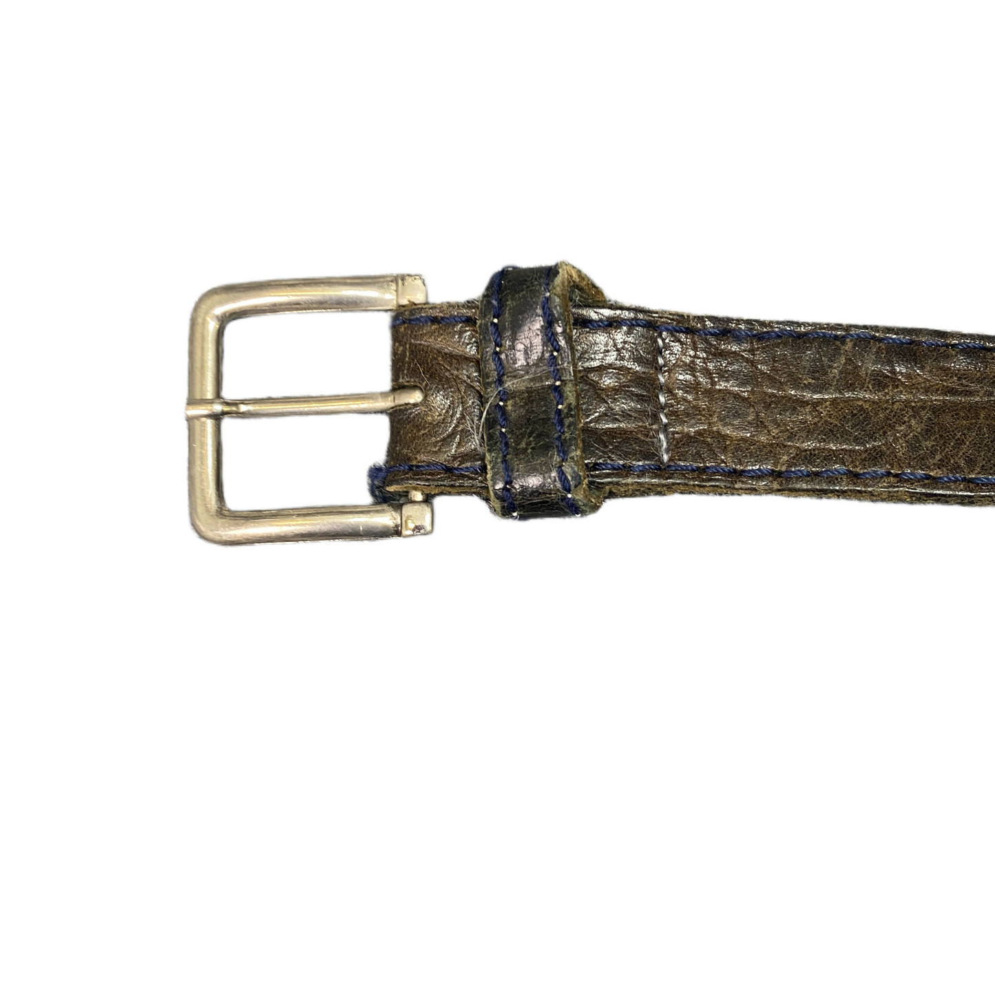 Waist Belt Mens Black Crocodile Leather Blue Stitching Silver Buckle 44 inches