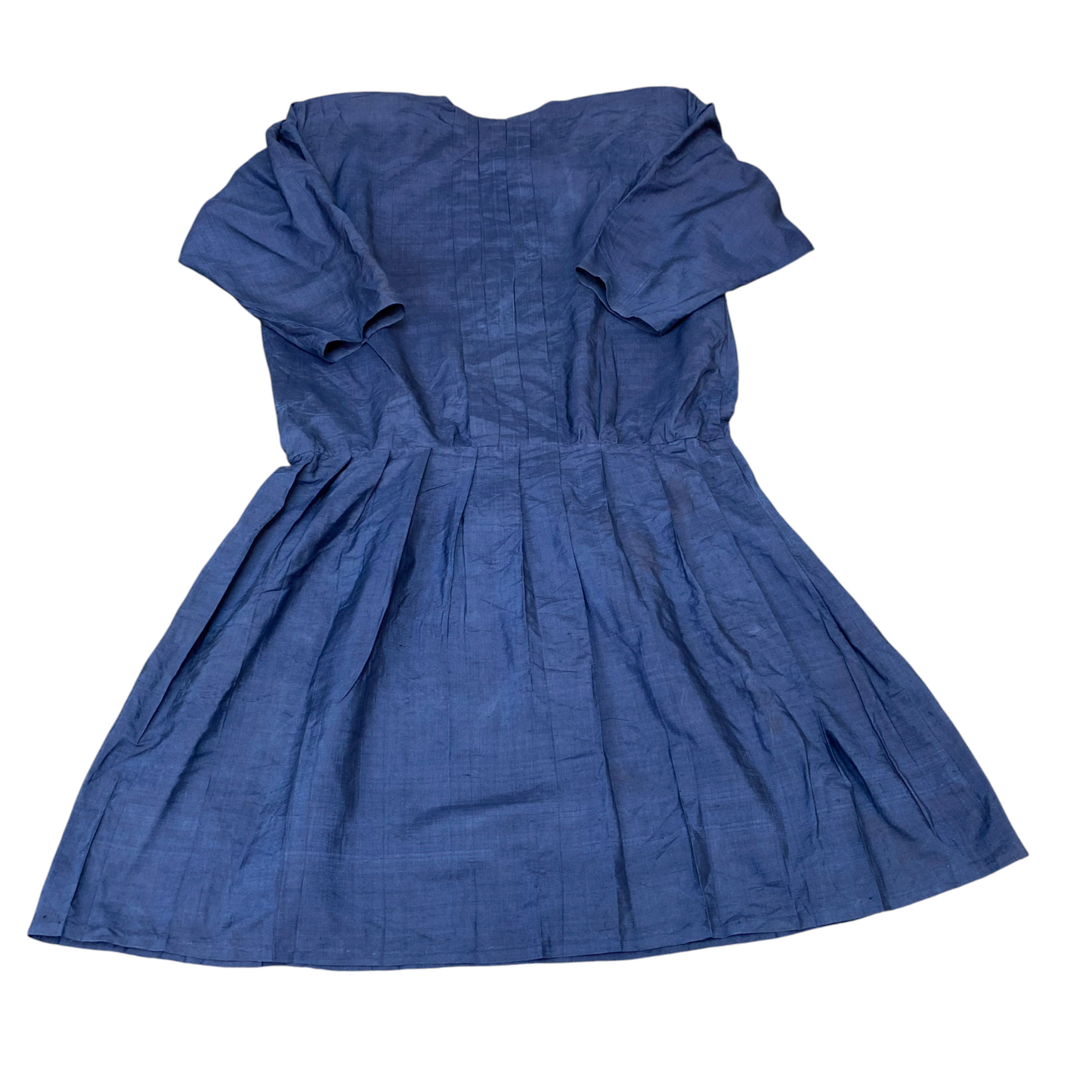 Womens Midi Dress L Blue Solid Pleated Long Sleeve Keyhole Round Neck Pullover