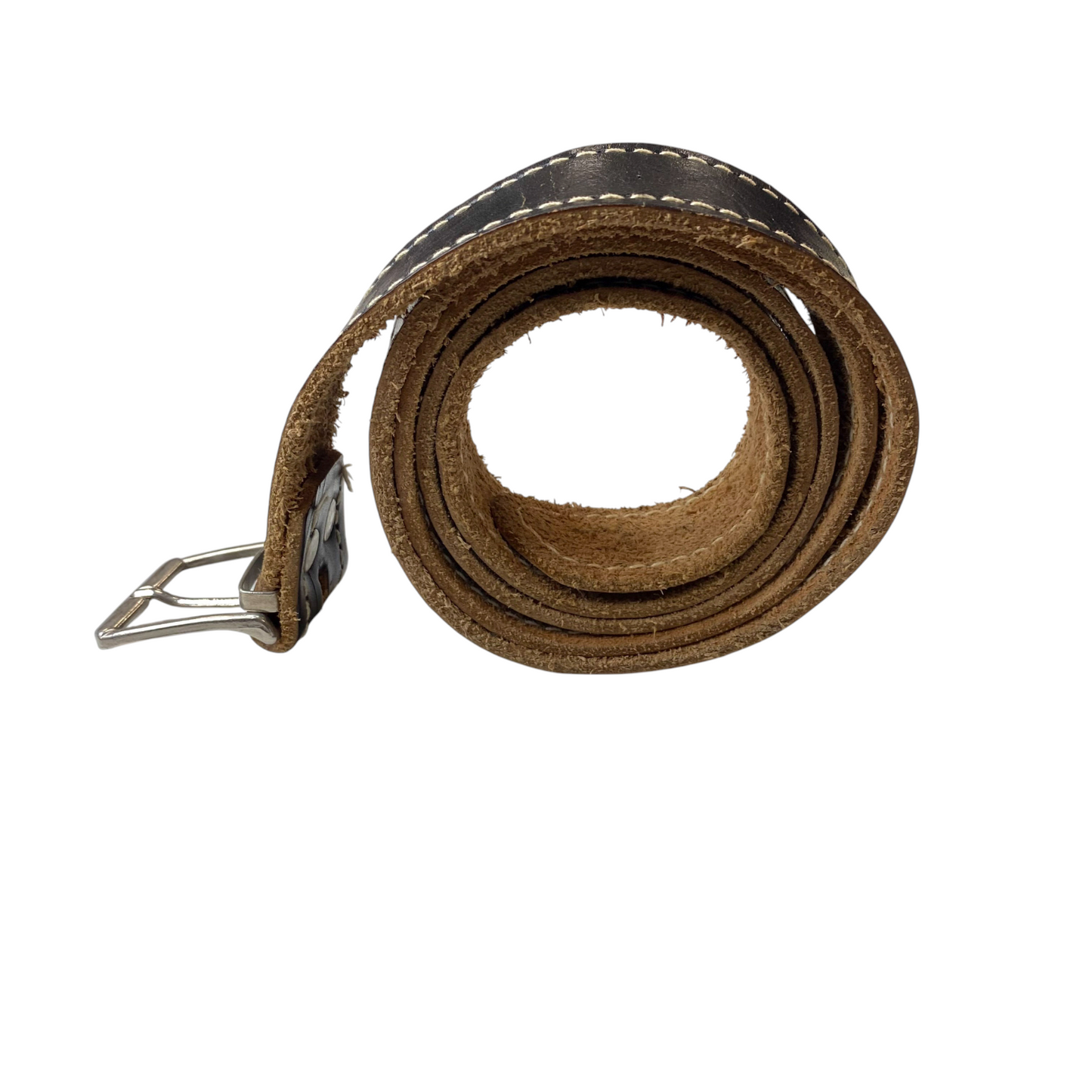 Mens Waist Belt Black Leather Beige Stitched Adjustable Pin Buckle Size 49 in