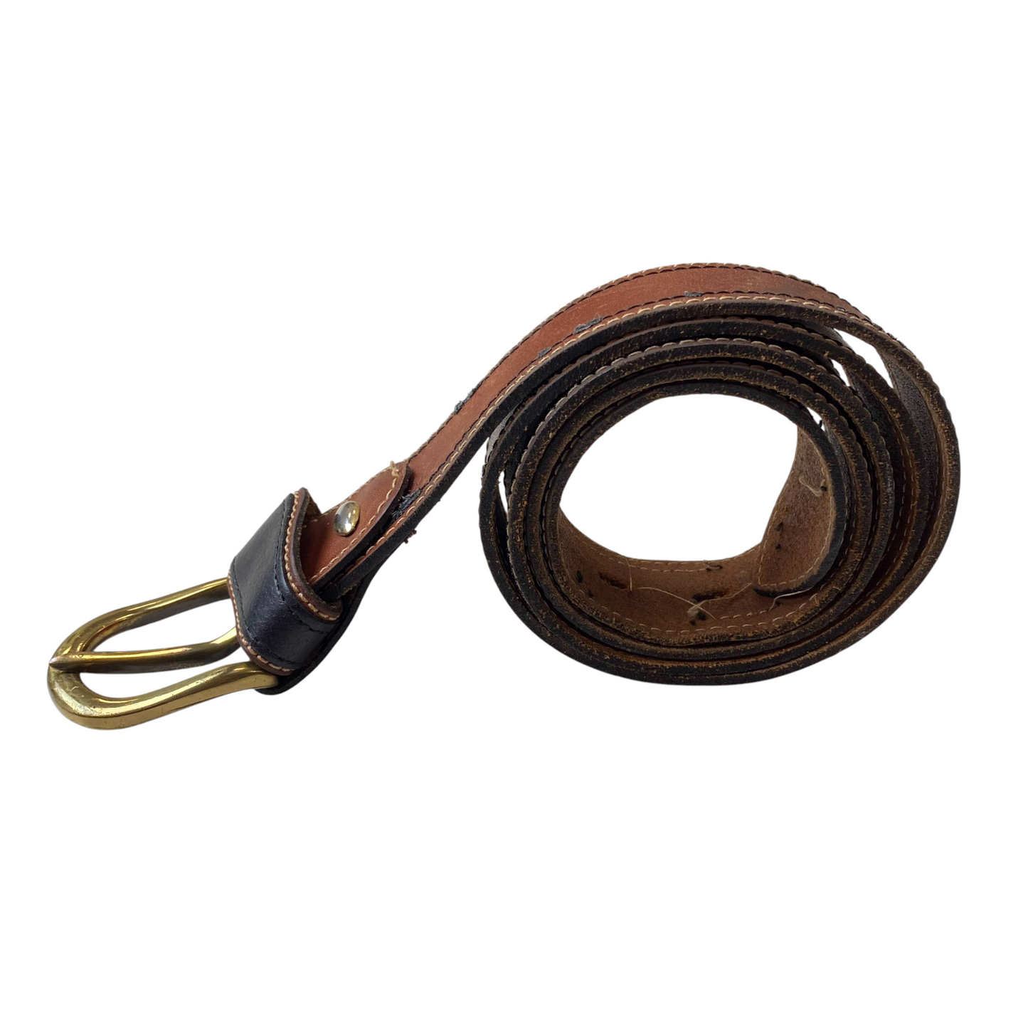 Mens Waist Belt Brown Leather Adjustable Gold Tone D Buckle Size 46 in