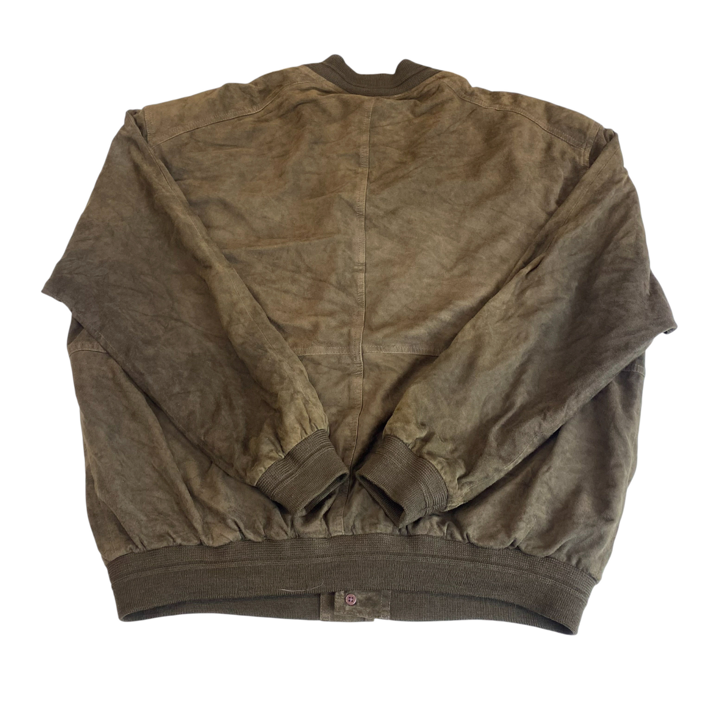 Bomber Jacket Mens XL Green Suede Leather Pockets Long Sleeve Button Front