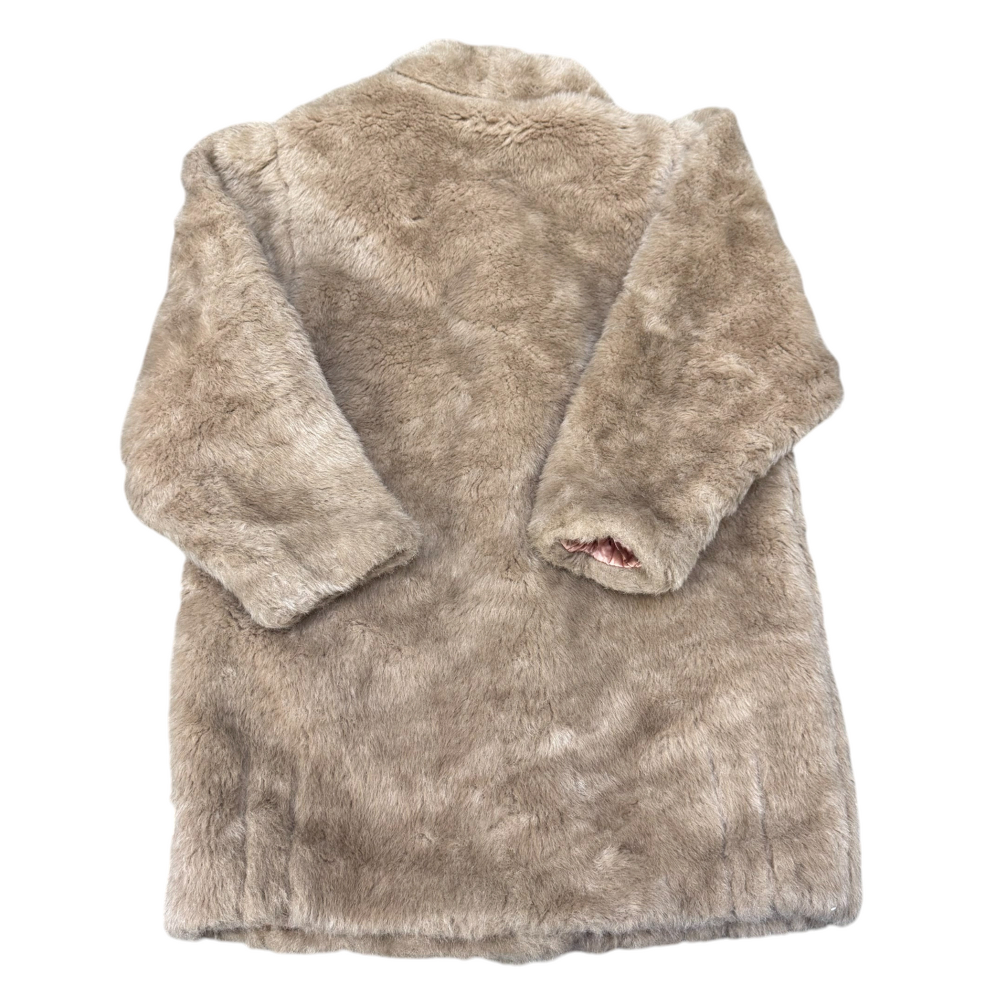 Womens Faux Fur Coat Large Beige Lined Plush Mid Length Collared Button Front
