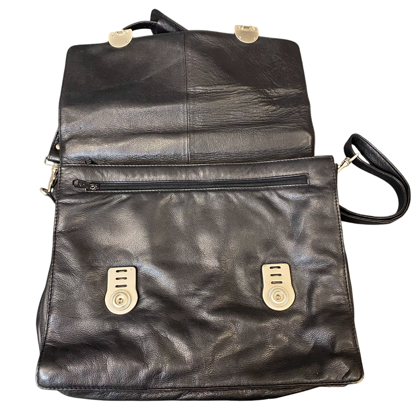 Womens Briefcase Bag Black Pebbled Leather Flap Zip Pocket Detachable Strap