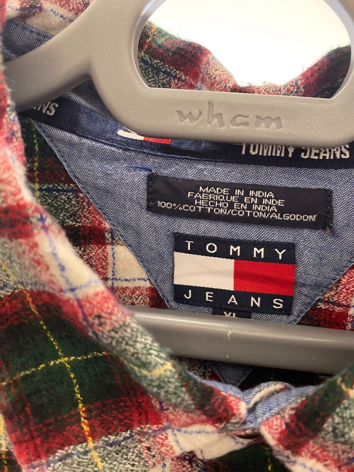 Tommy Hilfiger Shirt Men XL Red Plaid Spellout Logo Detailed Pockets Button Down