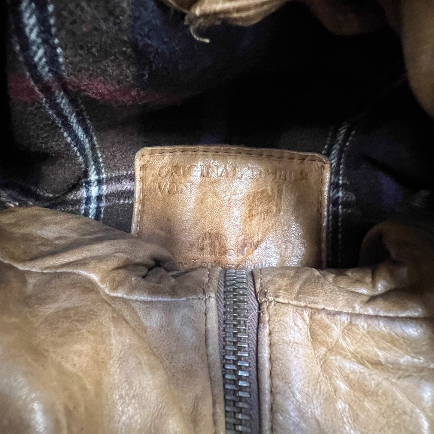 Mens Faux Leather Jacket Medium Brown Lined Long Sleeve Snap Button Inside Zip