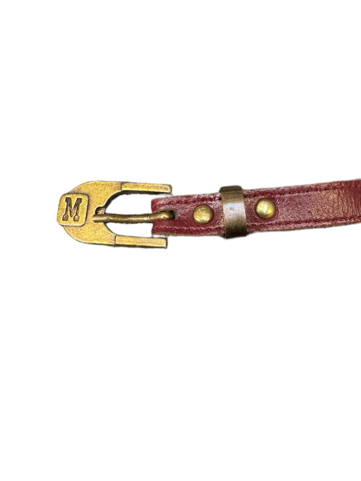 Waist Belt Mens Brown Leather Adjustable M Logo Brass Pin Buckle 35.5 Inches
