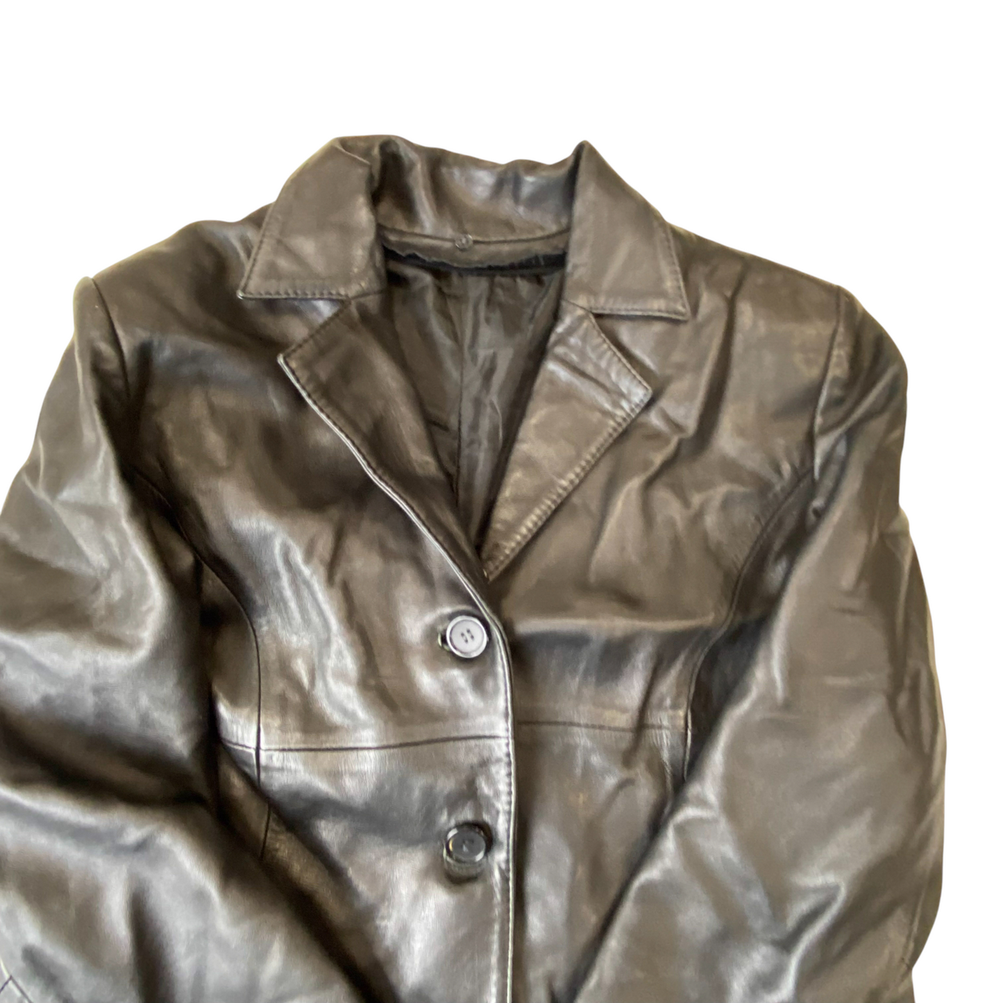 Womens Leather Trench Coat Medium Black Long Sleeve Notch Lapel Single Breasted