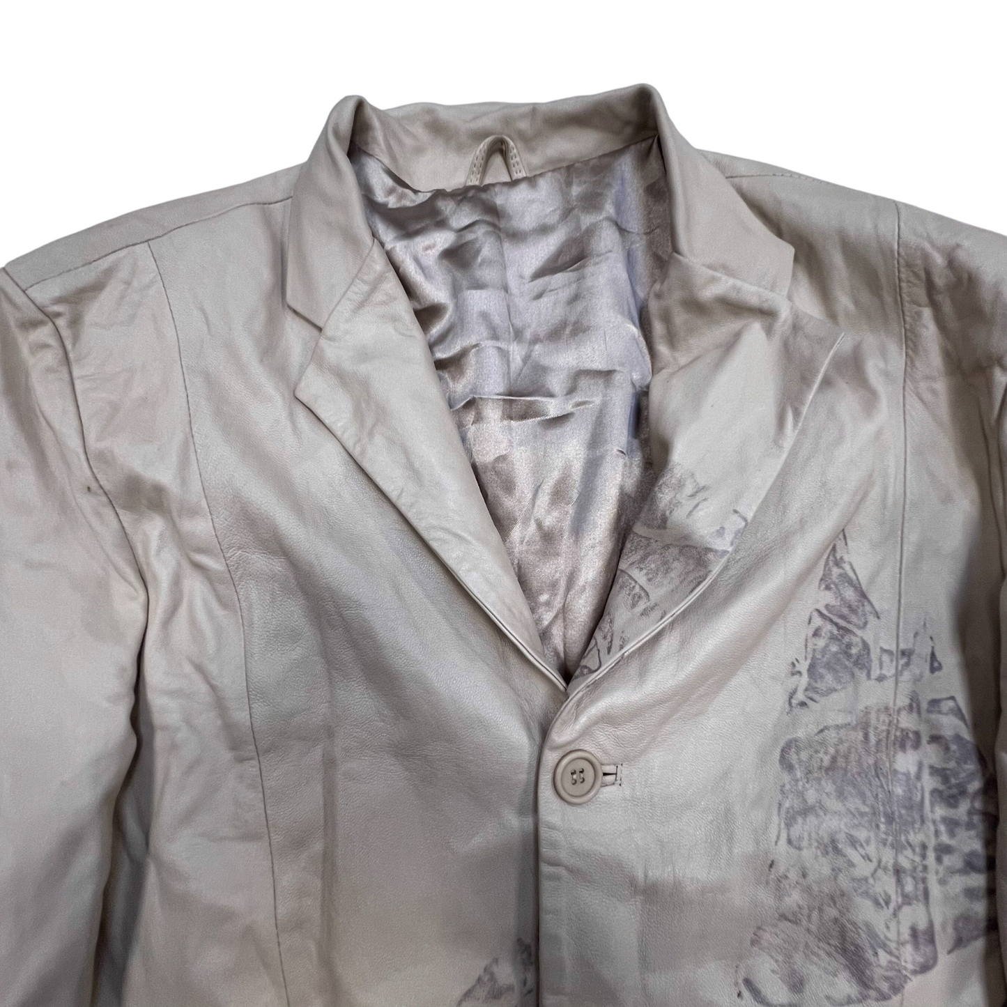 Mens Faux Leather Blazer Jacket Large Grey Lined Notch Lapel Single Breasted