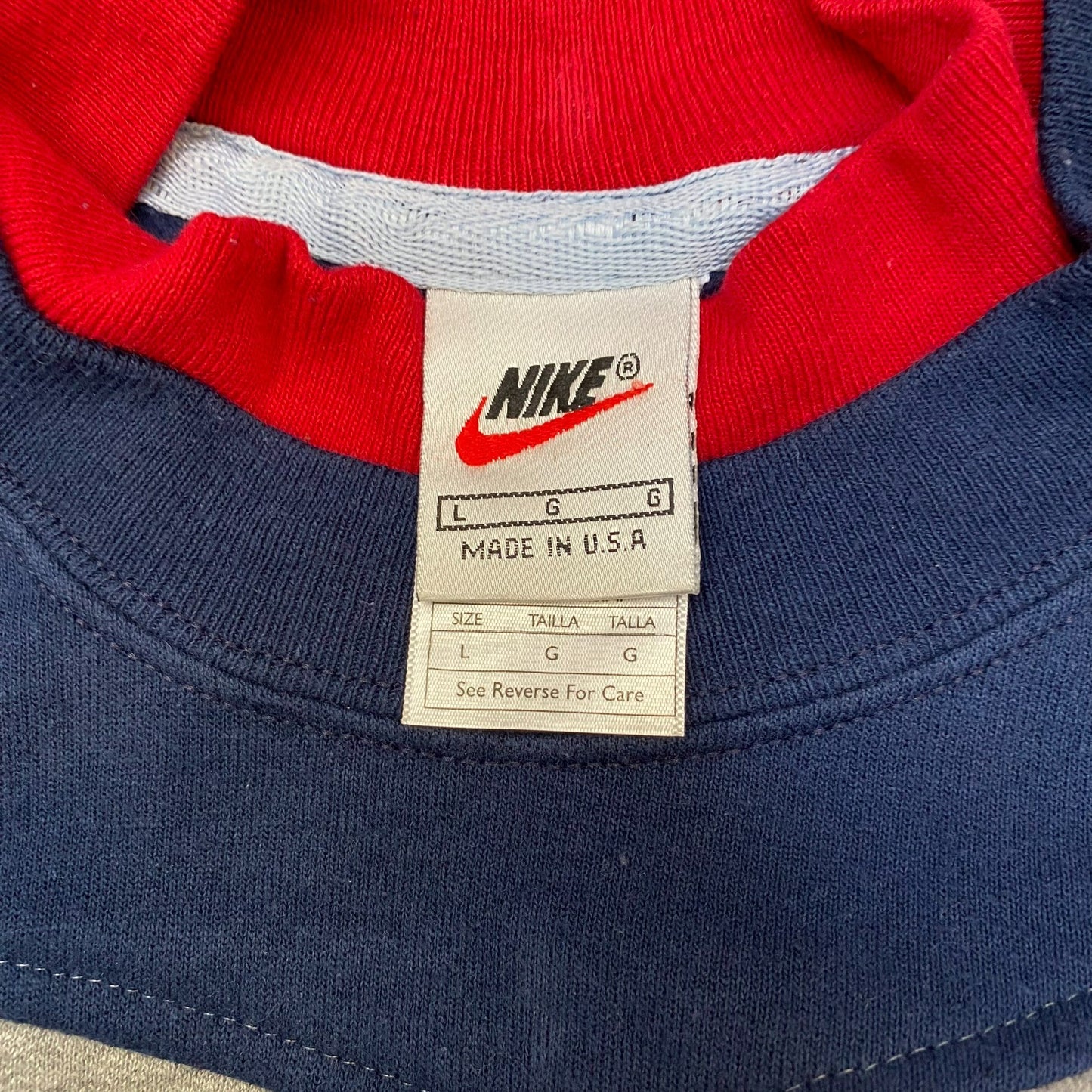 Nike Reworked Sweatshirt Mens L Blue Grey Embroidered Spellout Logo Crew Neck