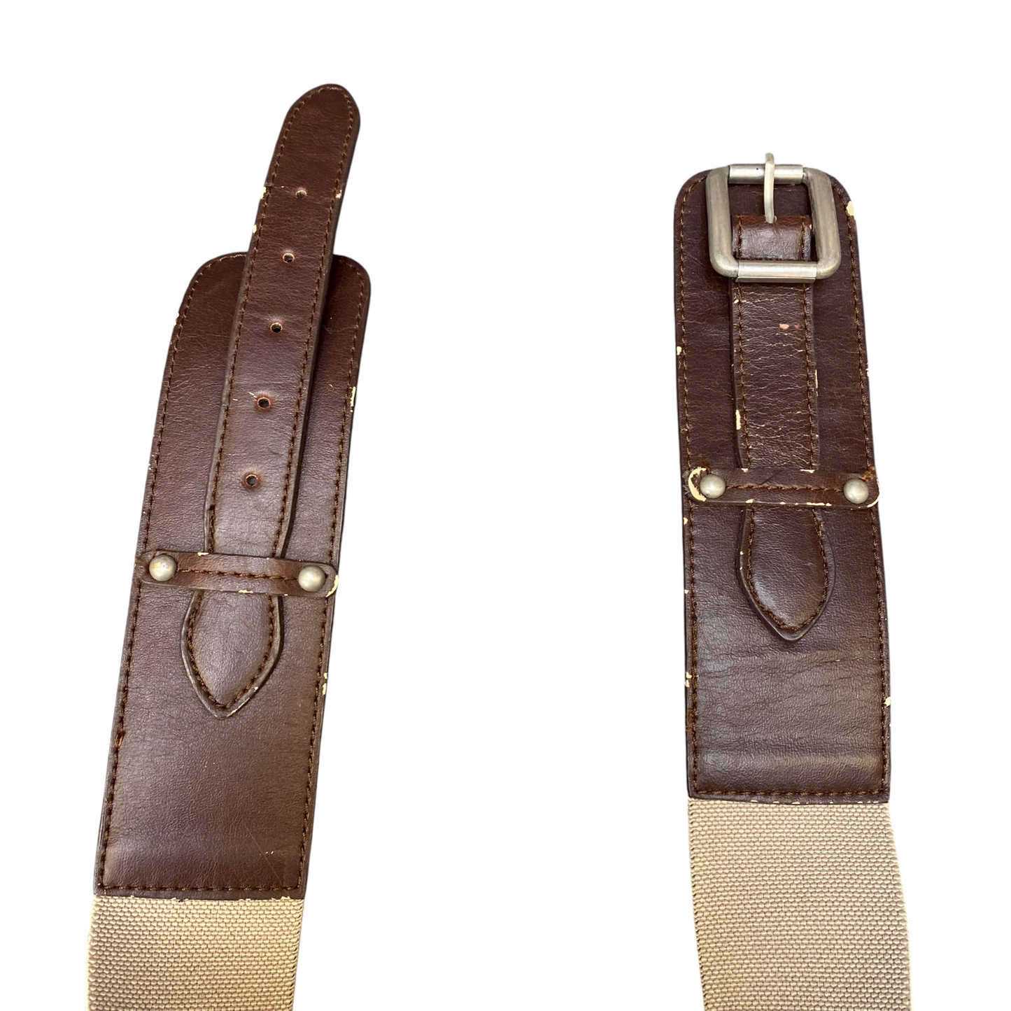 Mens Waist Elastic Belt Brown Beige Leather Adjustable Pin Buckle Size 32 in
