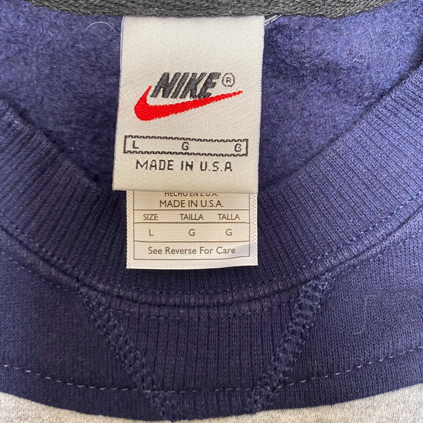 Nike Reworked Sweatshirt Mens L Blue Grey Embroidered Spellout Logo Crew Neck