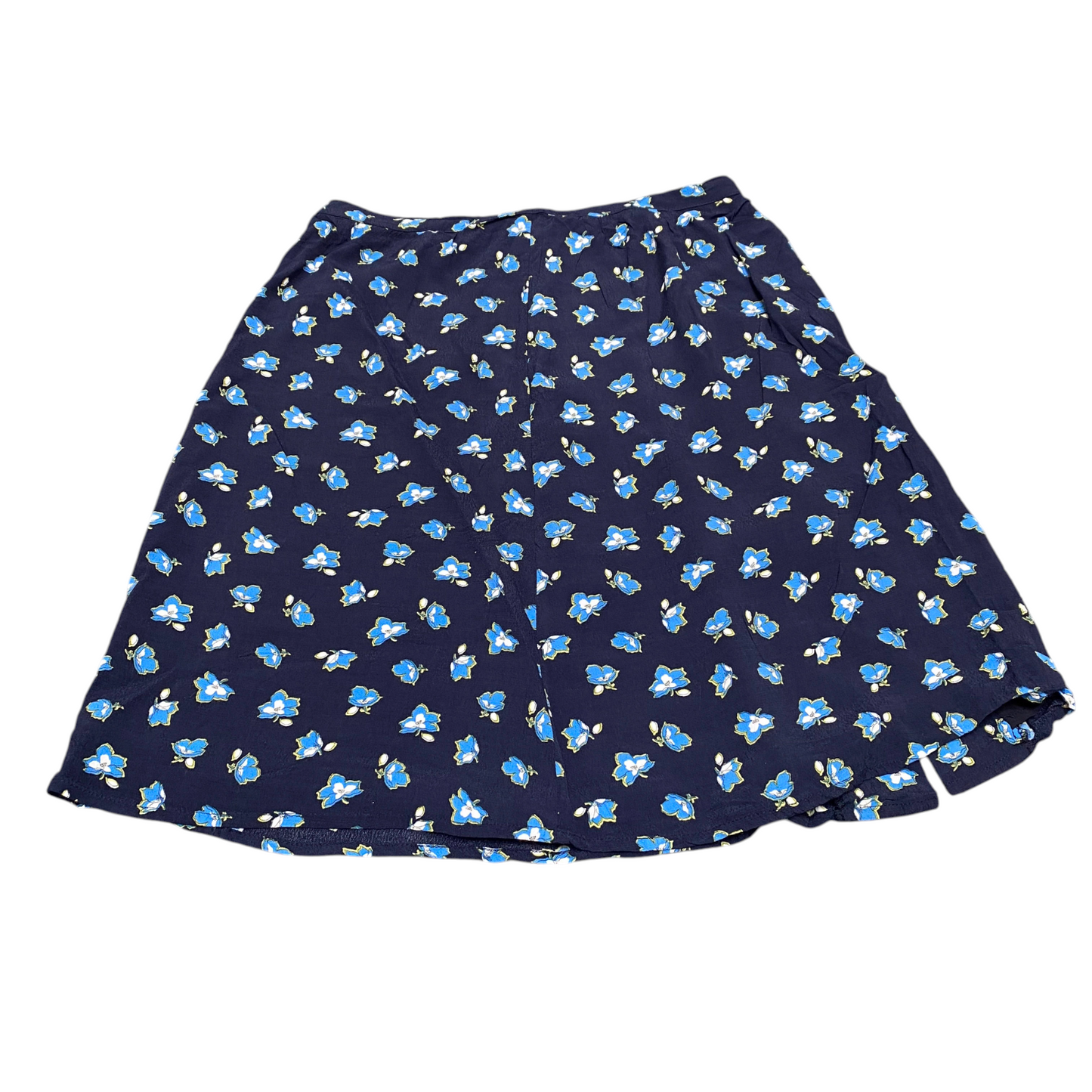 Womens A-Line Skirt L Blue Floral Print Lightweight Back Slit and Zipper Pull On