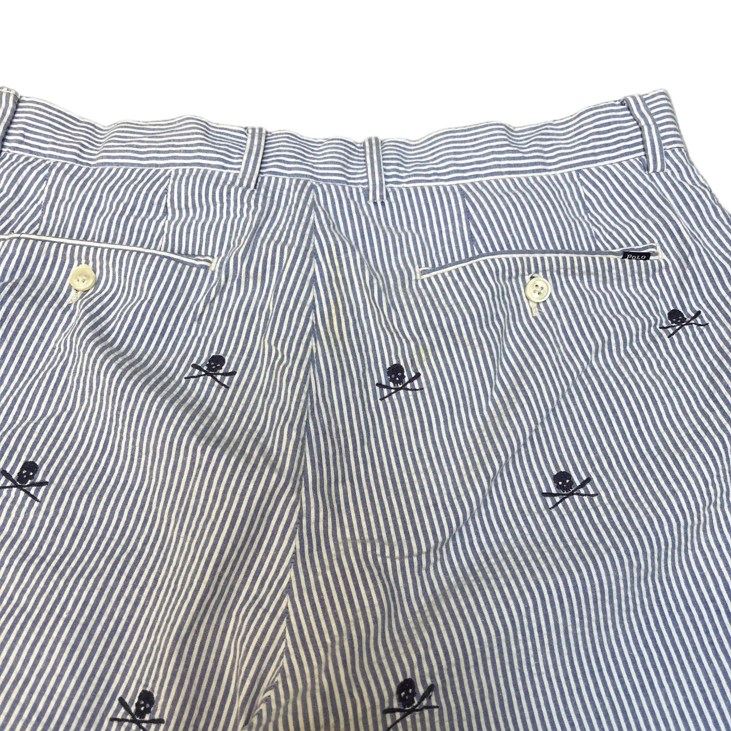 Polo Ralph Lauren Shorts Fits as Mens XL 35" Waist Blue White Seersucker Skull