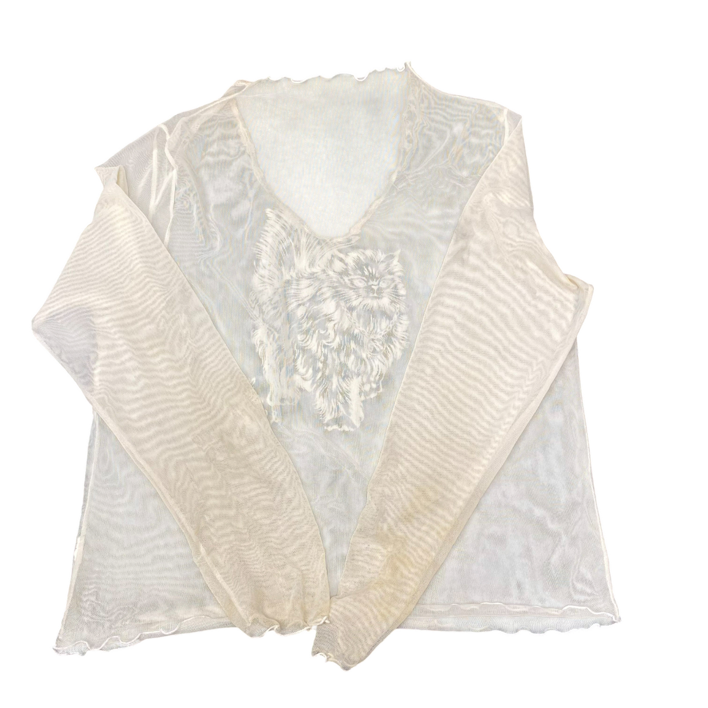 Sheer Mesh Top S Womens White Cat Rhinestone Long Sleeve V-Neck Pullover Outdoor