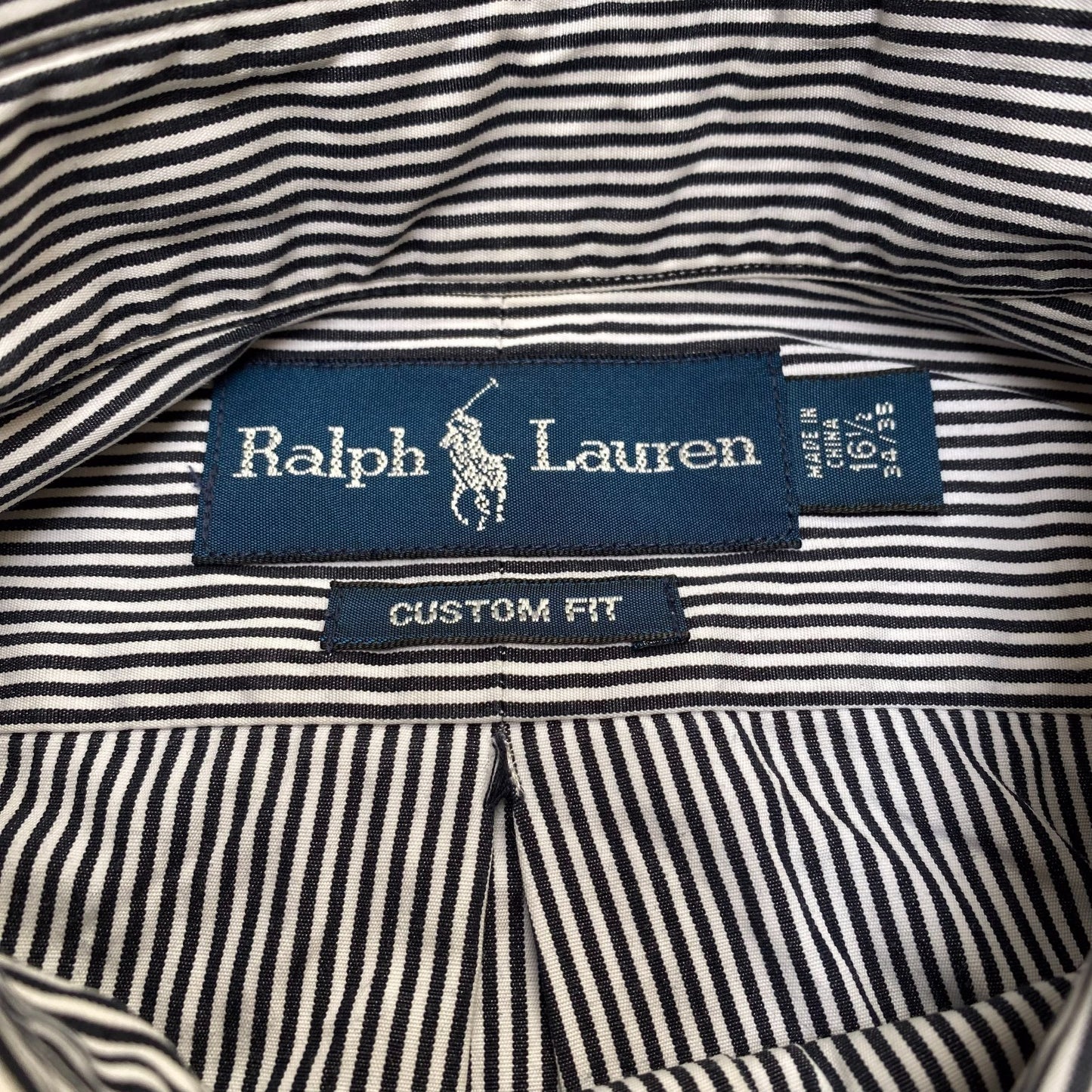 Ralph Lauren Formal Shirt Mens M Black White Striped Custom Fit Black Pony Logo