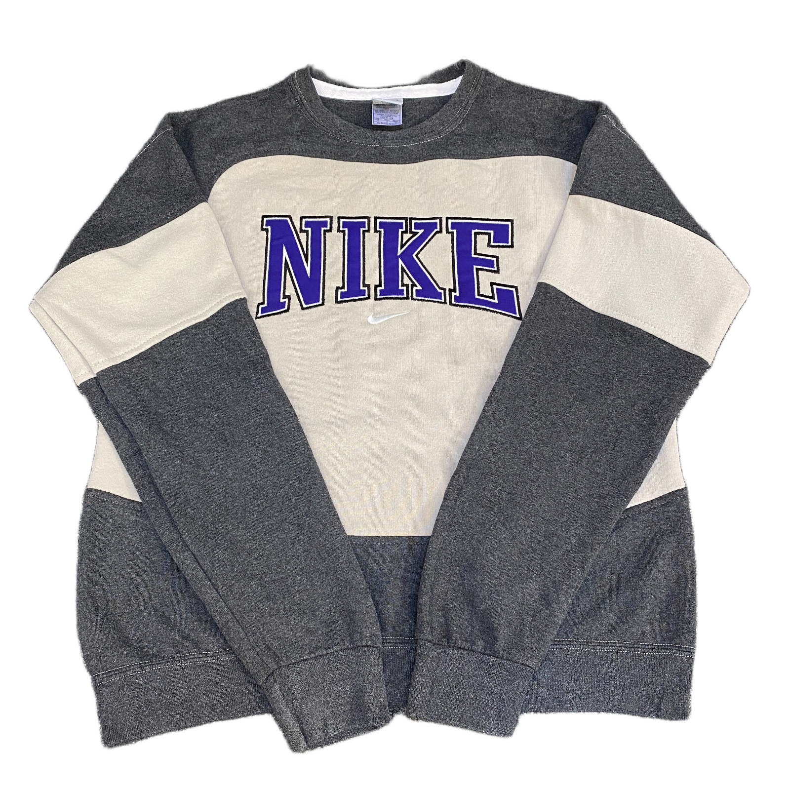 Vintage　Nike トレーナー・スウェット クリーム/ブルーグレー Nike Reworked Sweatshirt Mens M Ivory Grey Embroidered Spellout