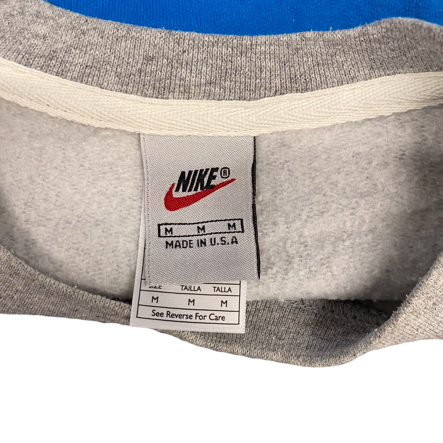 Nike Reworked Sweatshirt Mens M Grey Blue Embroidered Spellout Logo Vintage Y2K