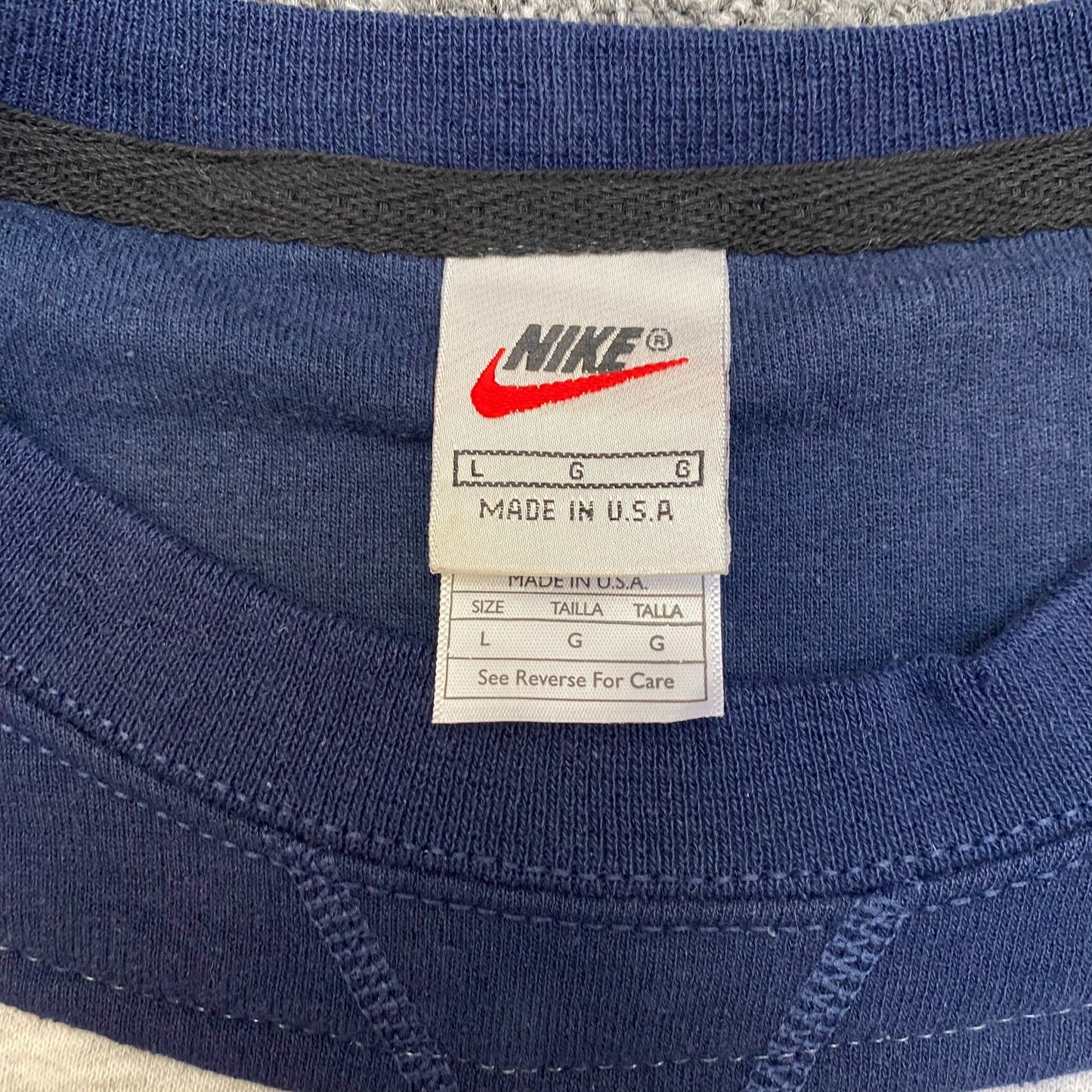 Nike Reworked Sweatshirt Mens L Blue Grey Embroidered Spellout Logo Crew Neck