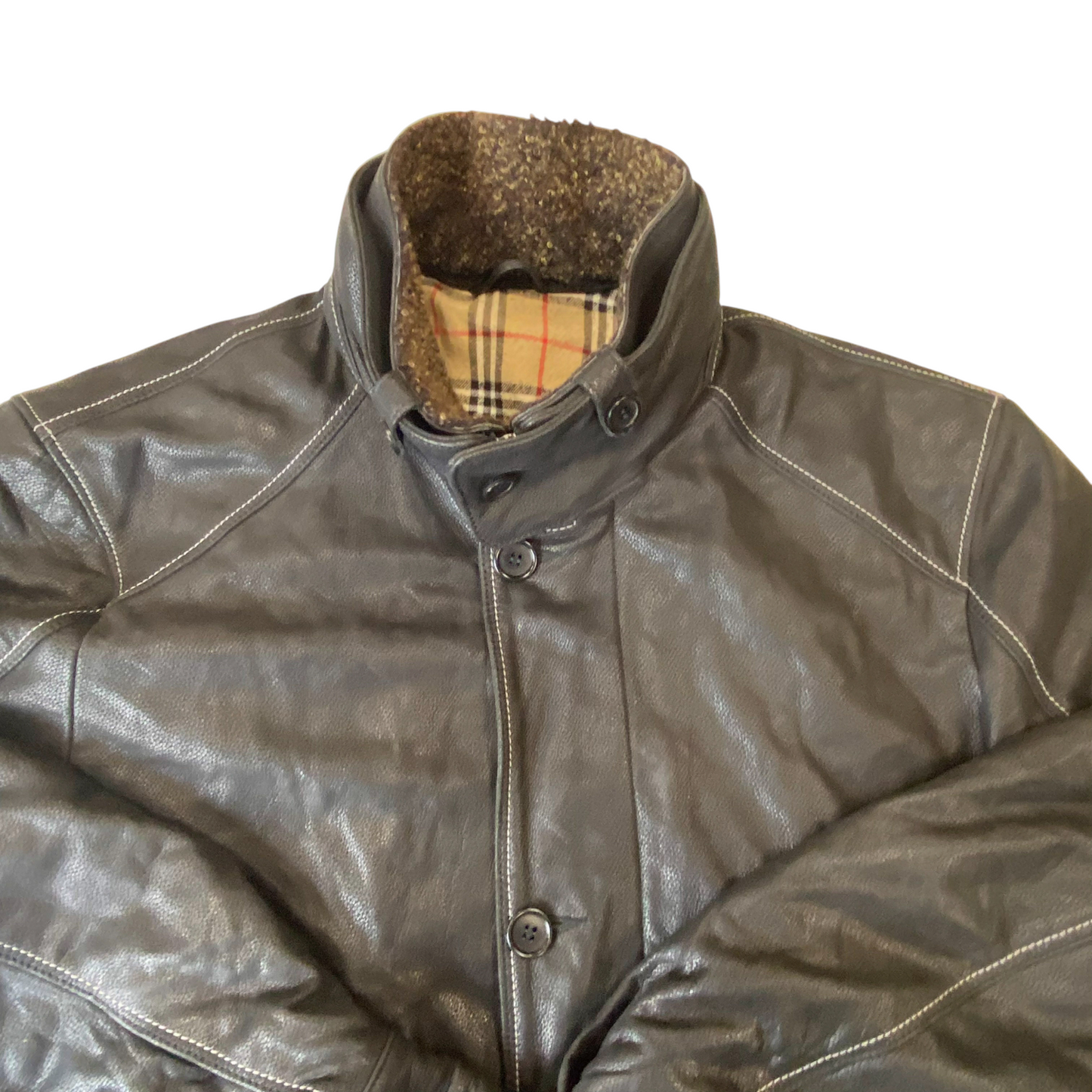 Mens Faux Leather Coat M Black Lined Contrast Stitch Long Sleeve Button Front