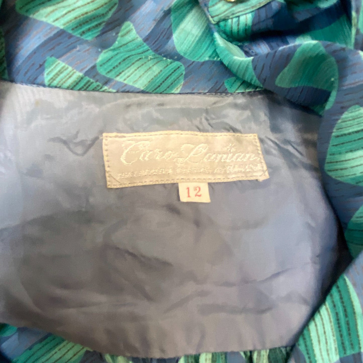 Caro Lanian A Line Dress Womens L Green Blue Geometric Pleated Button Front