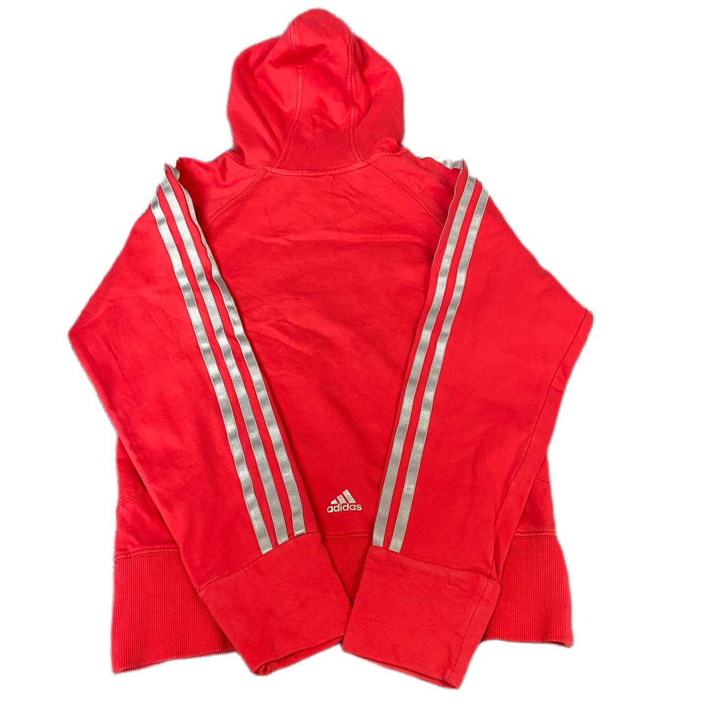Adidas Hoodie Girls XS Red Silver 3-Stripes Fleece Lined Long Sleeve Pullover