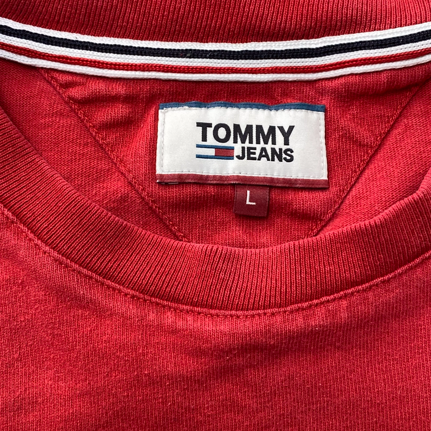 Tommy Jeans T Shirt Mens L Red Spellout Logo Short Sleeve Crewneck Pullover Tee