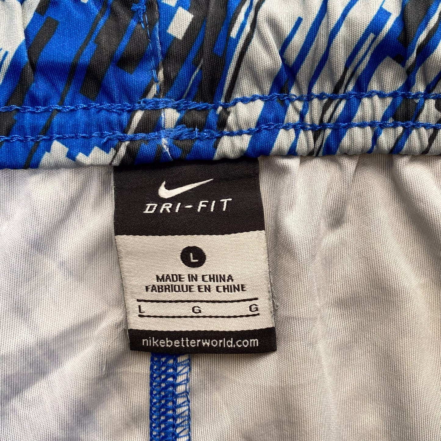 Nike Running Shorts Large Blue White Geometric Dri Fit Elastic Waist Athletic