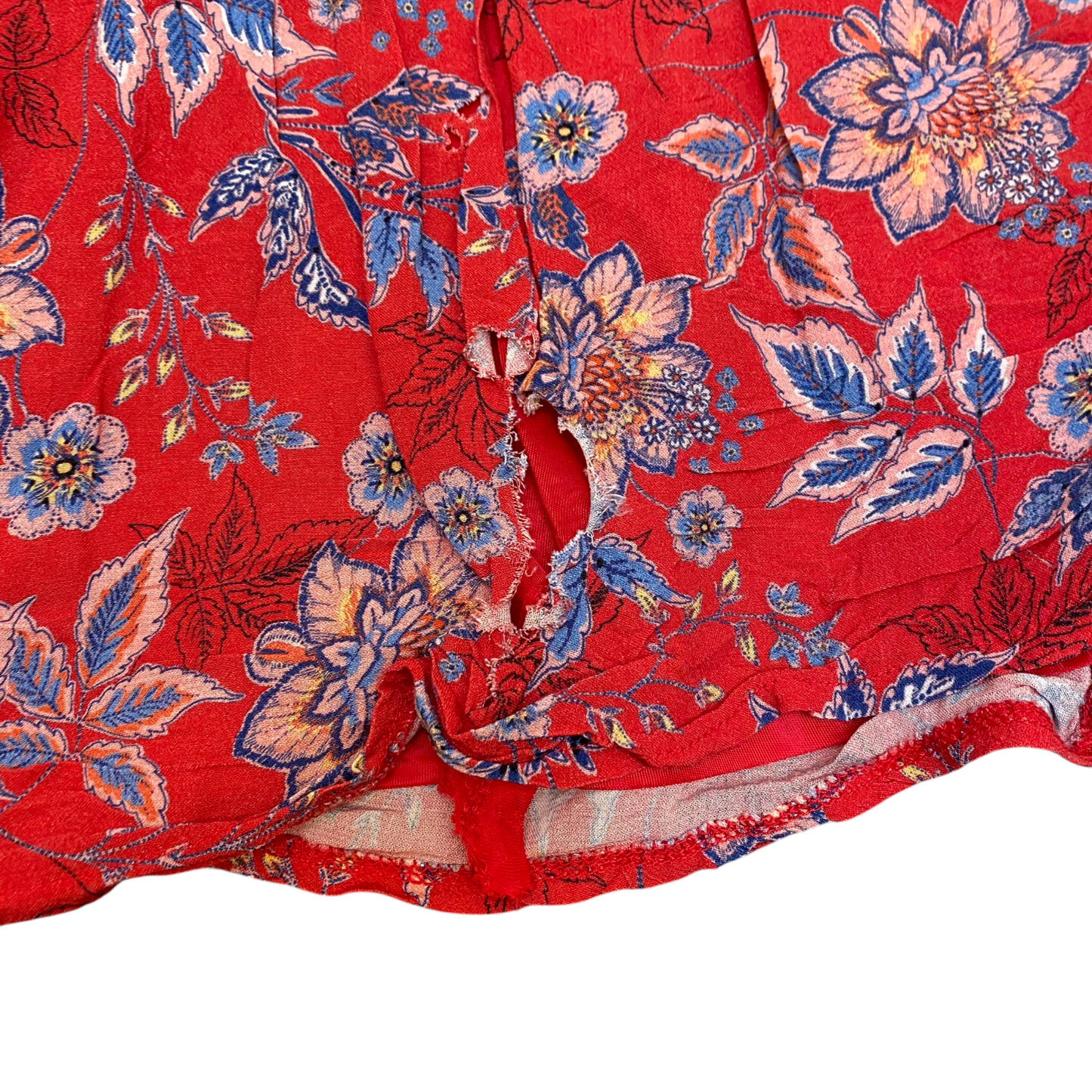 Etam Mini Skirt Women's S Red Blue Floral Print Lined Ruffle Hem High Waisted