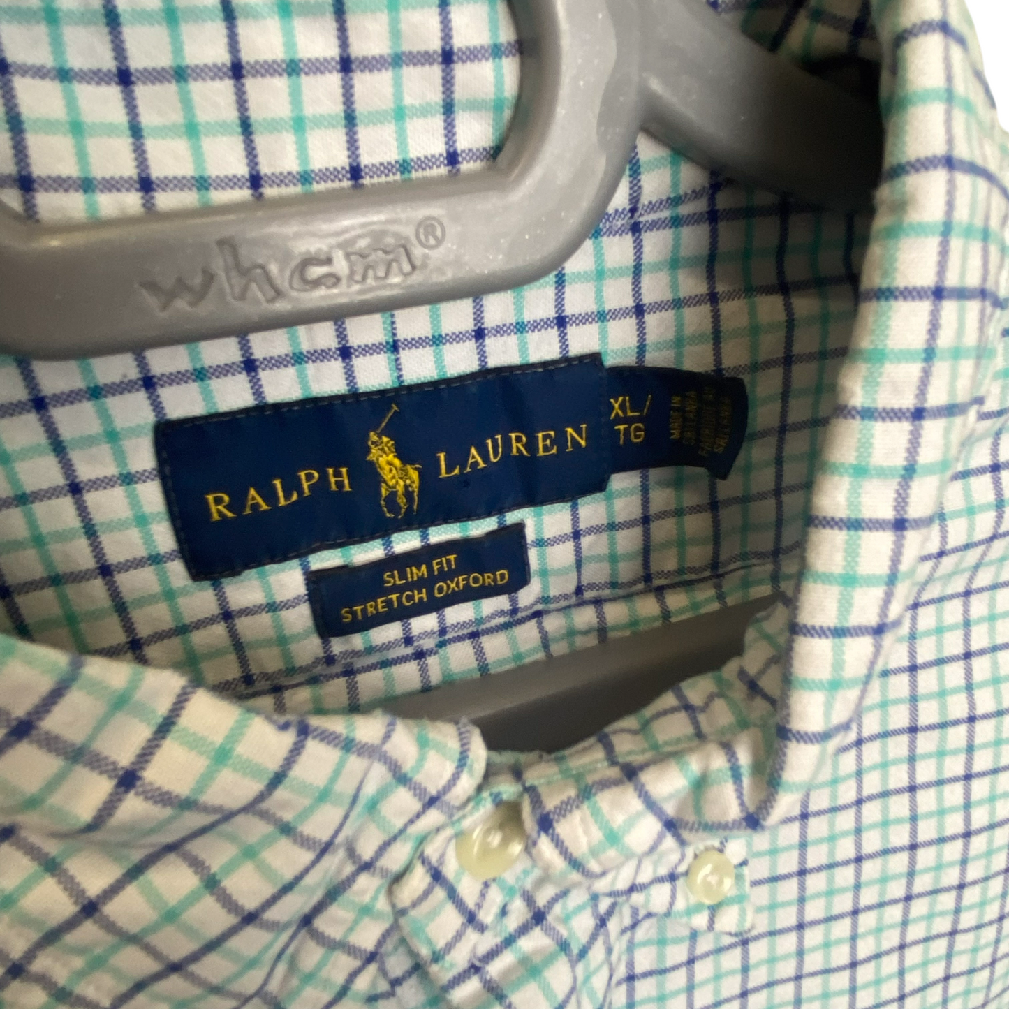 Ralph Lauren Shirt Mens XL Blue Check Slim Fit Stretch Oxford Brown Pony Logo