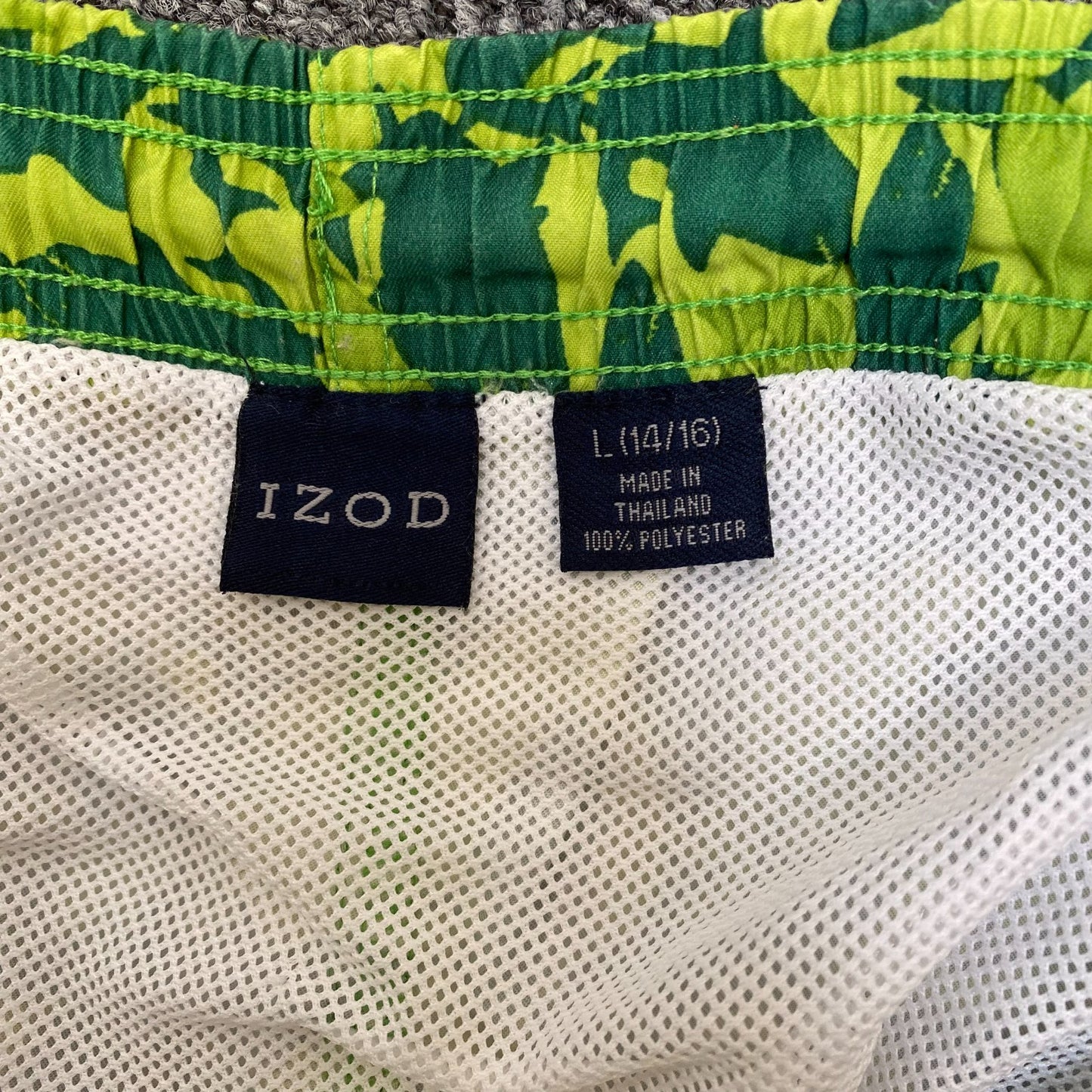 IZOD Swim Short Boys Large Green Allover Shark Print Elastic Waist Drawstring