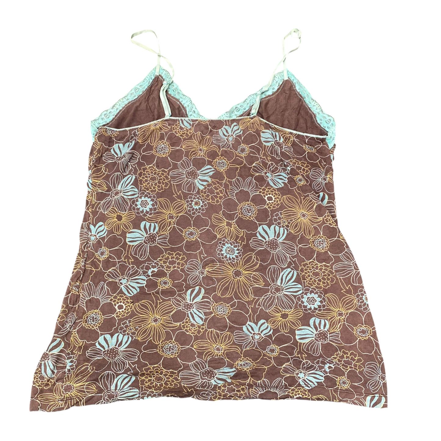 Camisole Top Womens S Brown Blue Floral Lace Trim V-Neck Spaghetti Straps