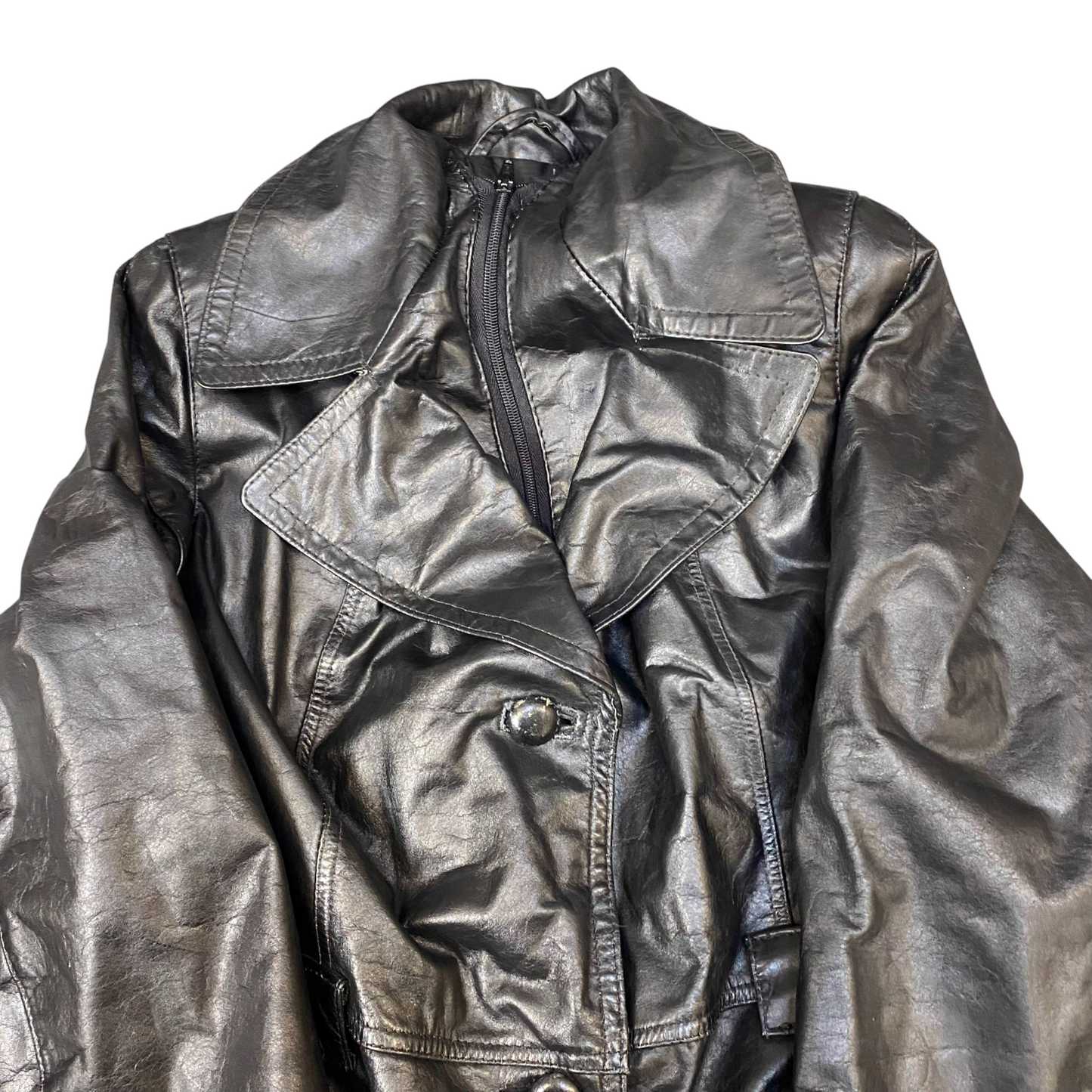 Women Leather Trench Coat Medium Black Lined Long Sleeve Button Front Inside Zip