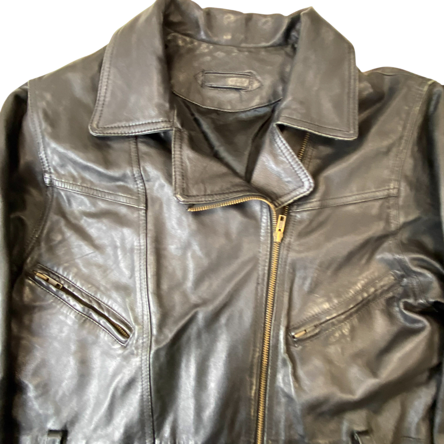 Womens Leather Motorcycle Jacket Medium Black Lined Collared Asymmetrical Zip