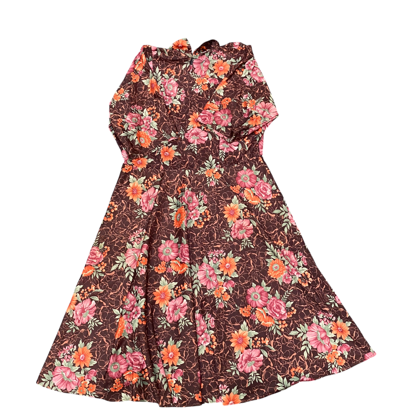 Womens Maxi Dress Womens L Brown Floral Short Sleeve Flare Hem Pullover Outdoor