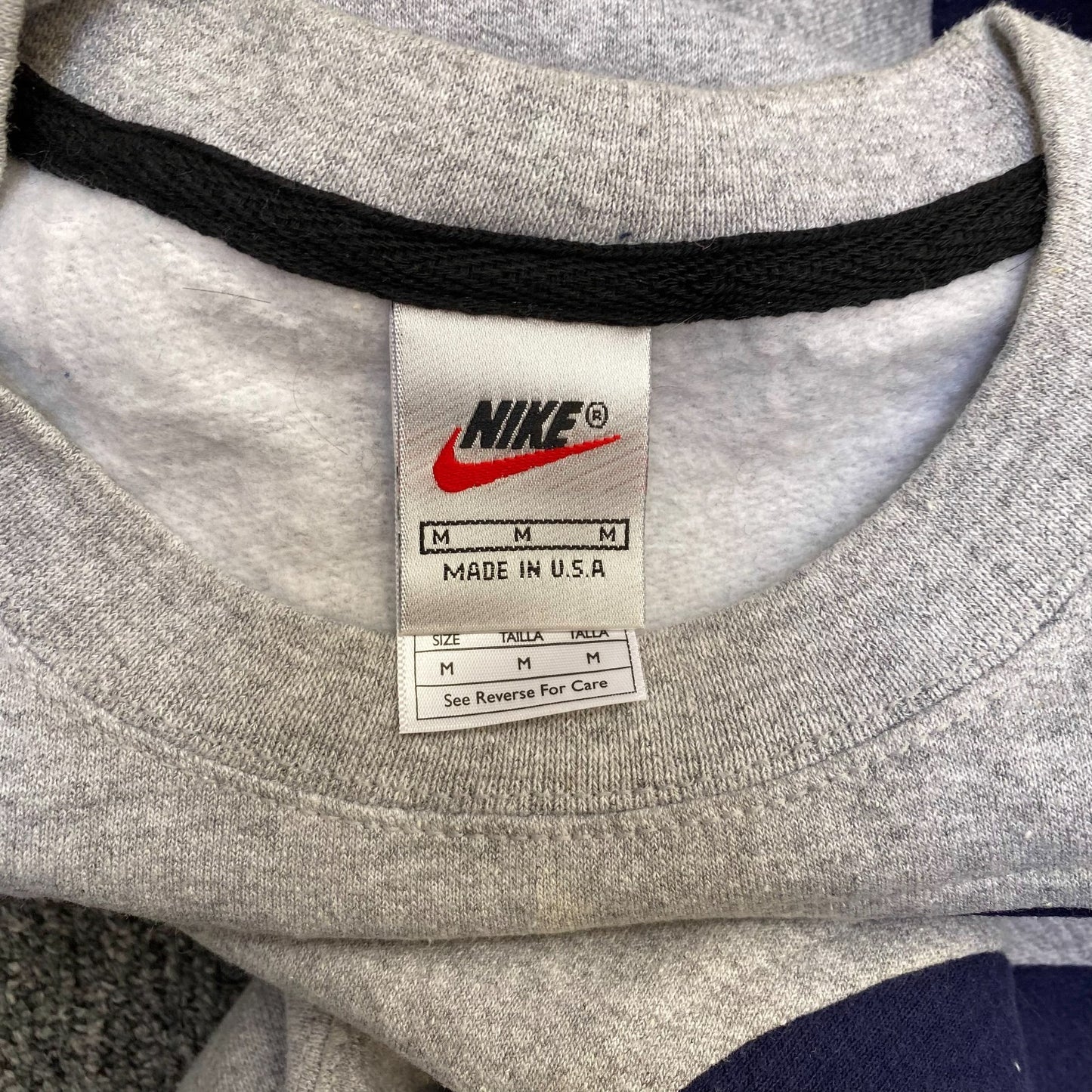 Nike Reworked Sweatshirt Mens M Grey Blue Embroidered Spellout Logo Crew Neck
