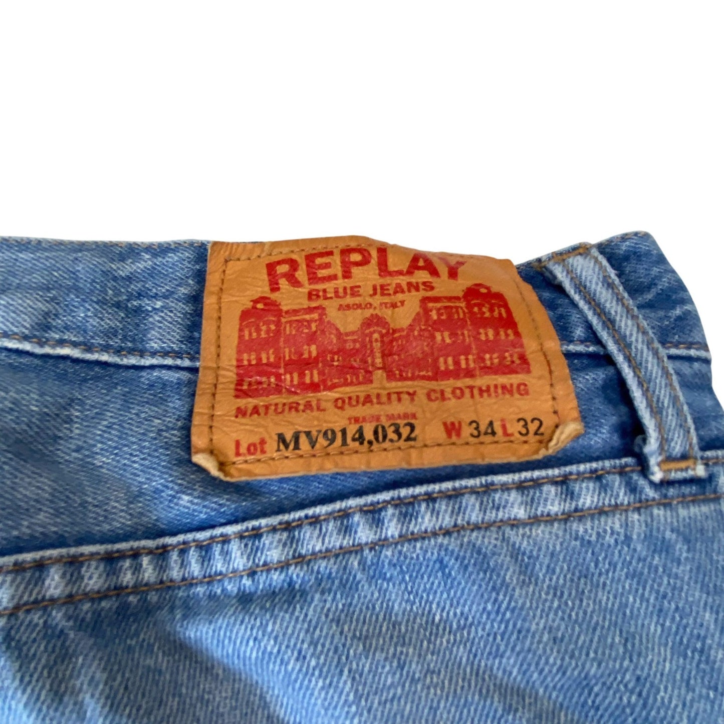 Replay Jeans Mens Large W34 L32 Blue Denim Distressed Straight Leg Outdoor