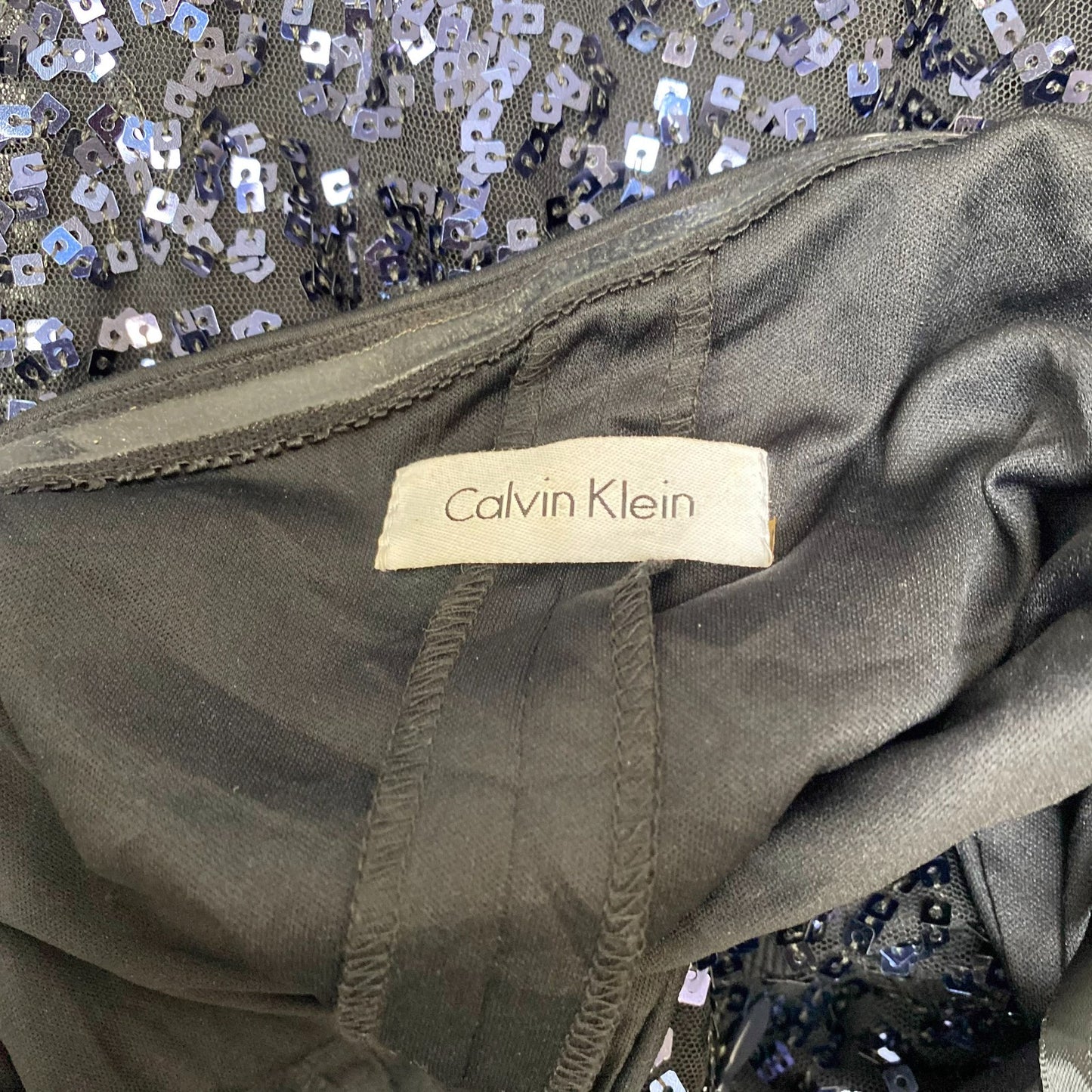 Calvin Klein Sheath Cocktail Dress Womens S Black Overall Sequins One Shoulder