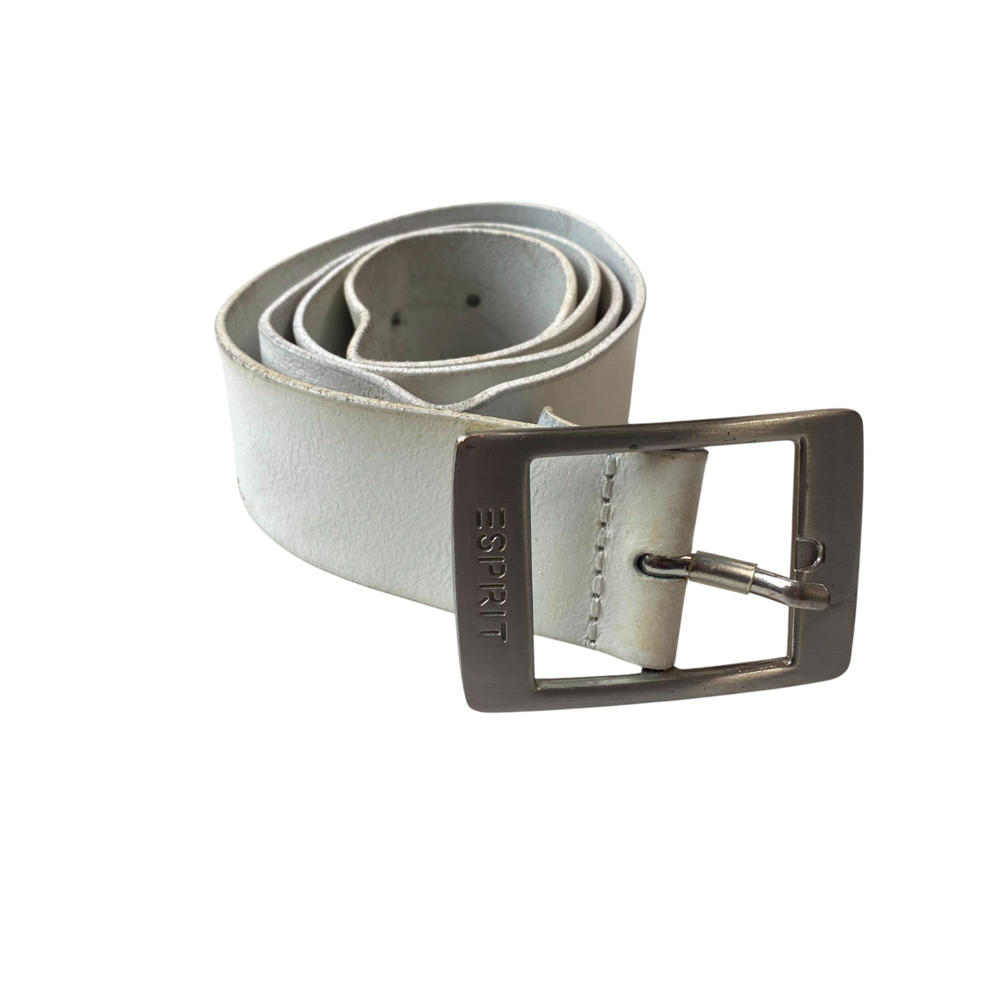 Esprit Belt Women White Leather Embossed Logo Adjustable Pin Buckle Size 40.5 in