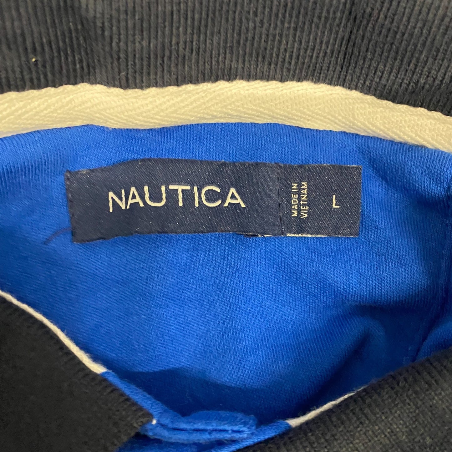 Nautica Polo Shirt Mens Large Black Blue Side Slit Short Sleeve Collared Popover