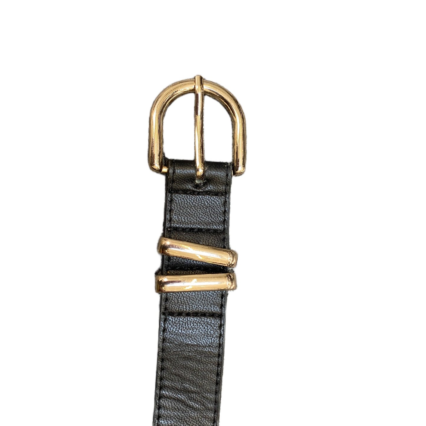 Waist Belt Men Black Leather Adjustable Classic Gold Tone Pin Buckle 27.5 Inches