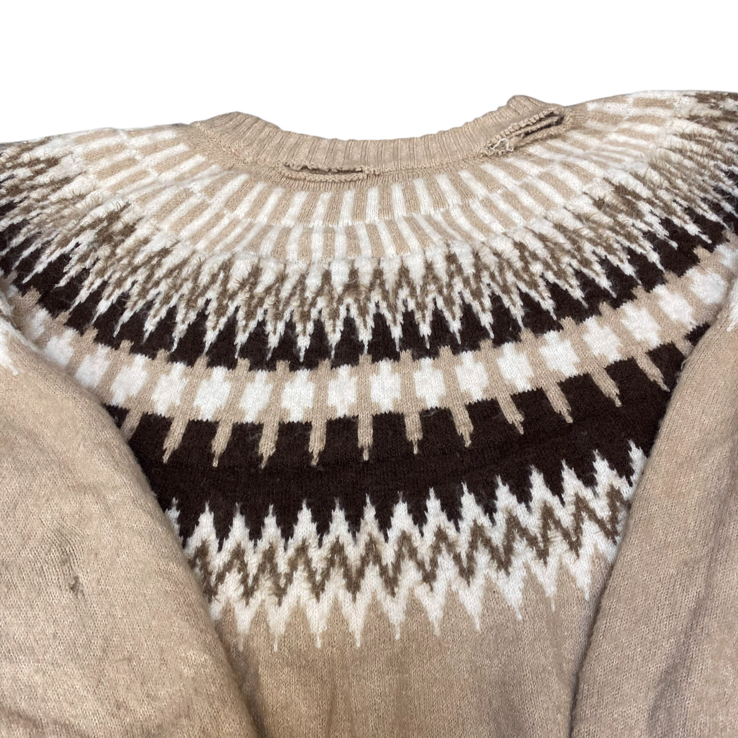 Womens Sweater L Brown Fairisle Yoke Ribbed Hem Long Sleeve Crew Neck Pullover