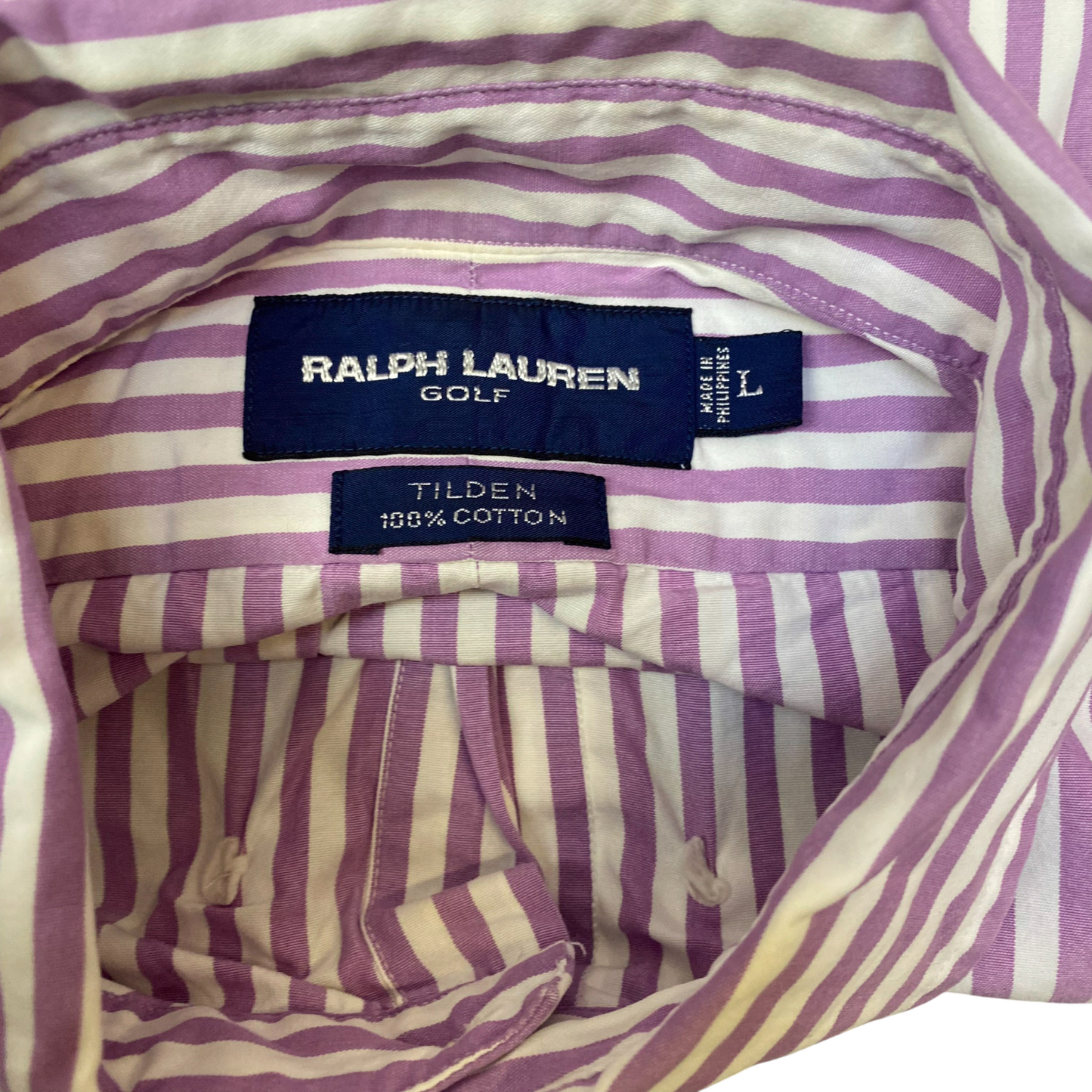 Ralph Lauren Golf Shirt Mens L Purple White Striped Tilden Long Sleeve Button Up