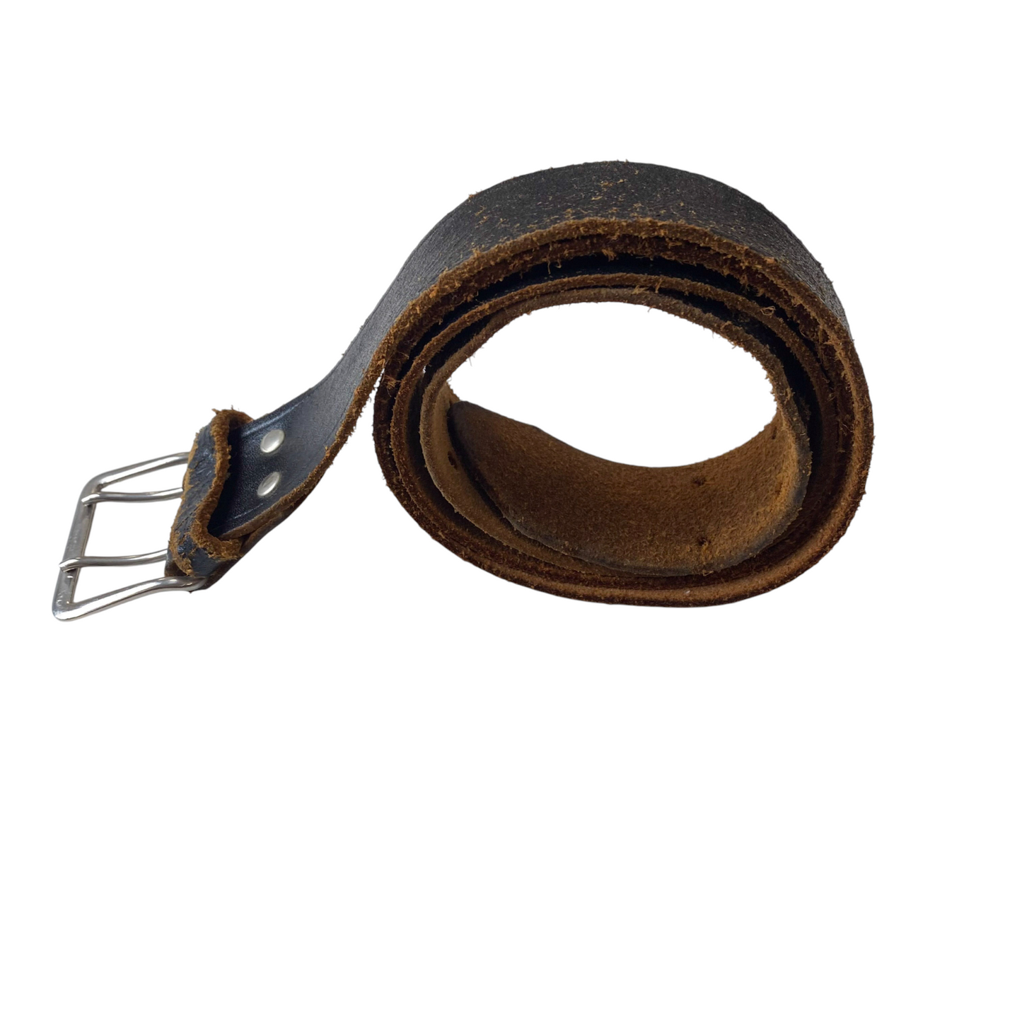 Mens Casual Waist Belt Black Leather Adjustable Double Pin Buckle Size 44.5 in