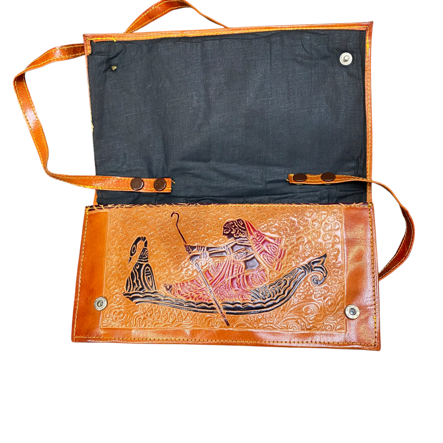 Vintage Womens Crossbody Purse Brown Tooled Santiniketan Leather Handmade Snap