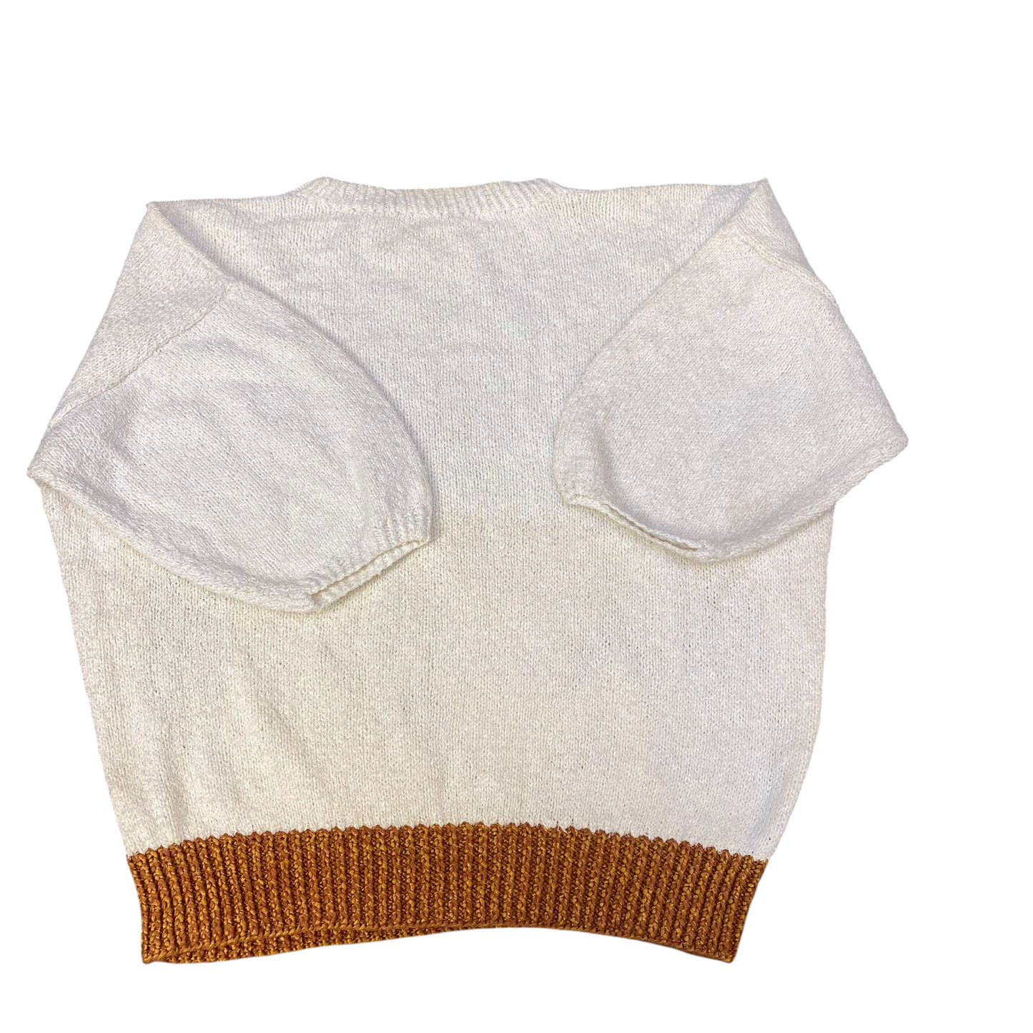 Jumper Womens Large White Brown Knitted Casual 3/4 Sleeve Crew Neck Pullover