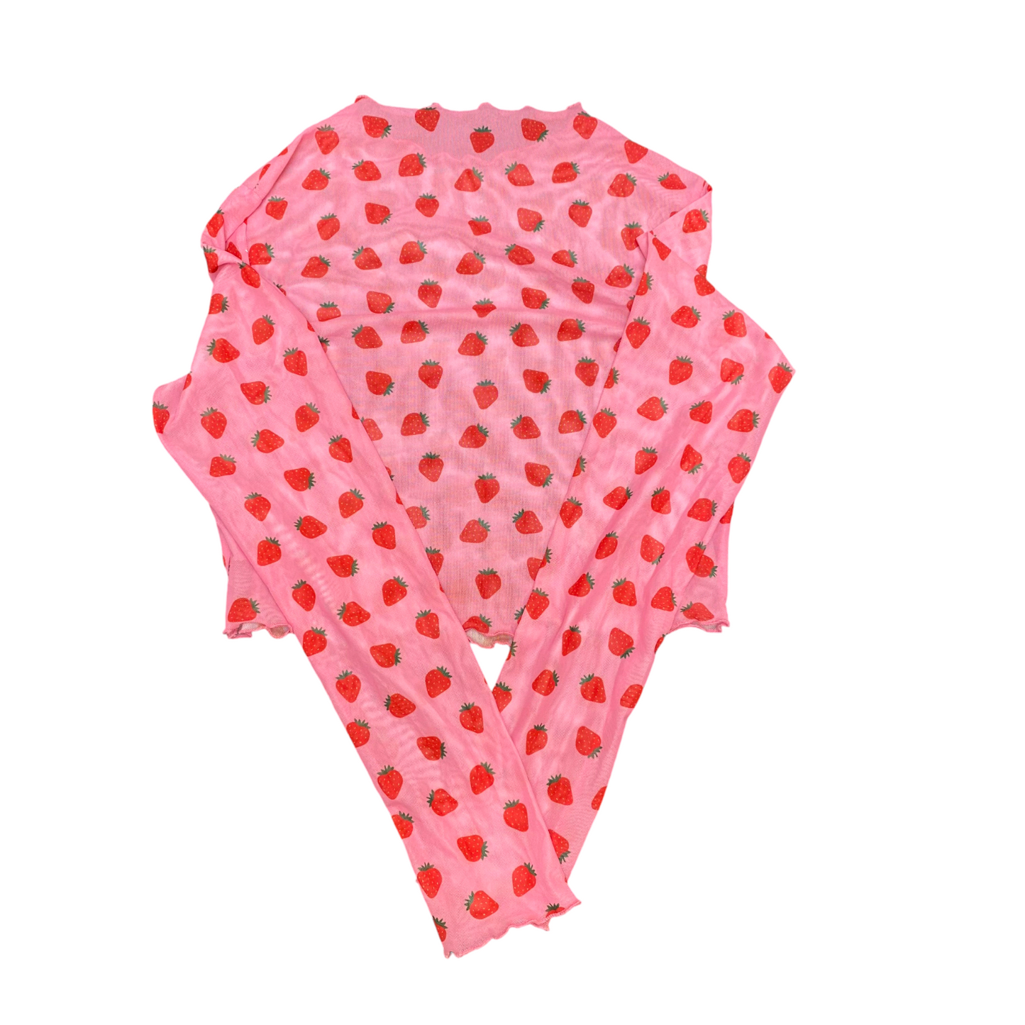 Sheer Top Womens S Pink Strawberry Print Cropped Long Sleeve Crew Neck Pullover