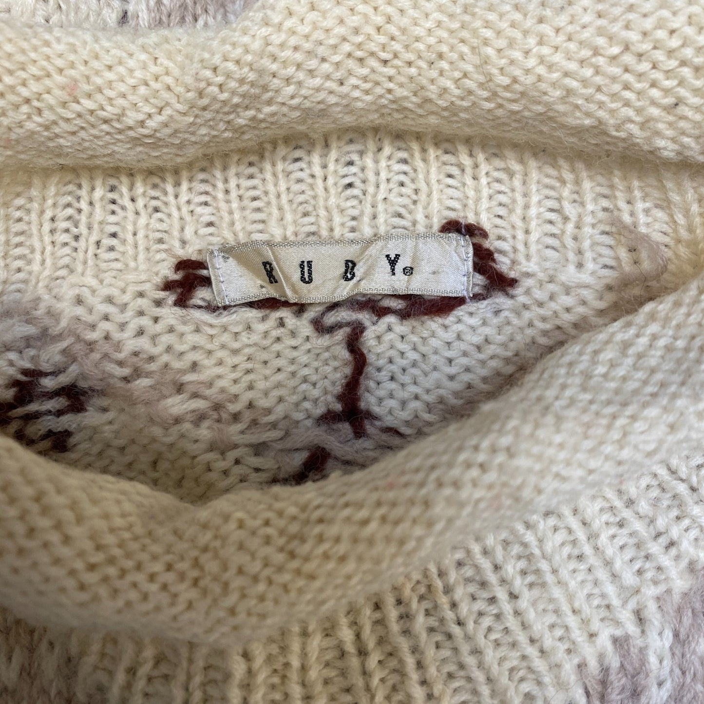 RUBY Jumper Womens Large Cream Cable Knit Nordic Snowflake Long Sleeve Mock Neck