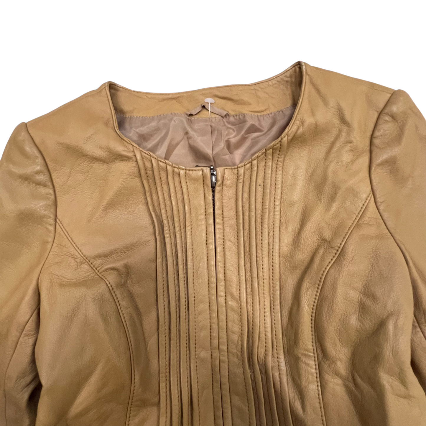 Womens Faux Leather Jacket Small Brown Lined Long Sleeve Round Neck Full Zip