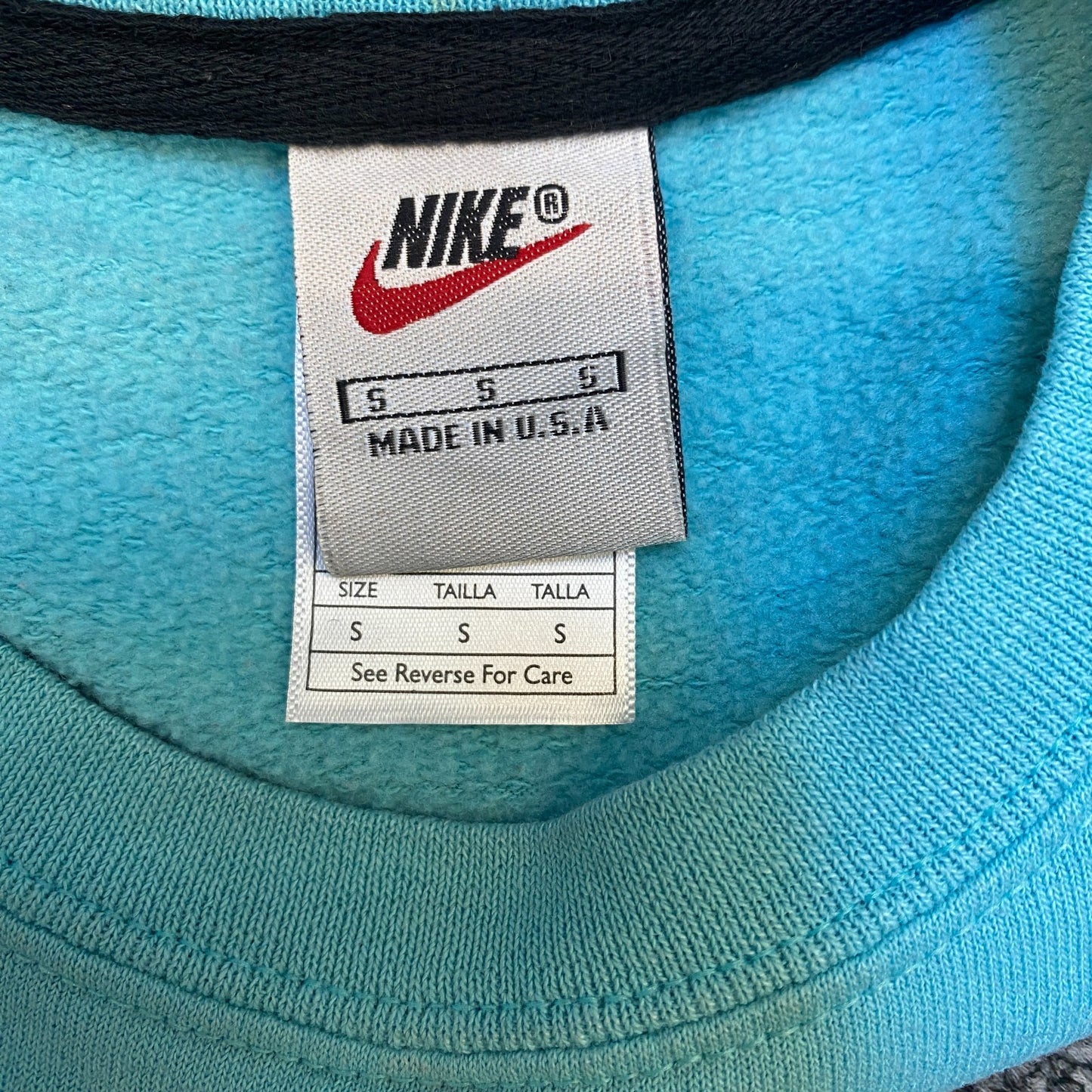 Nike Reworked Sweatshirt Mens S Aqua Black Embroidered Spellout Logo Vintage Y2K