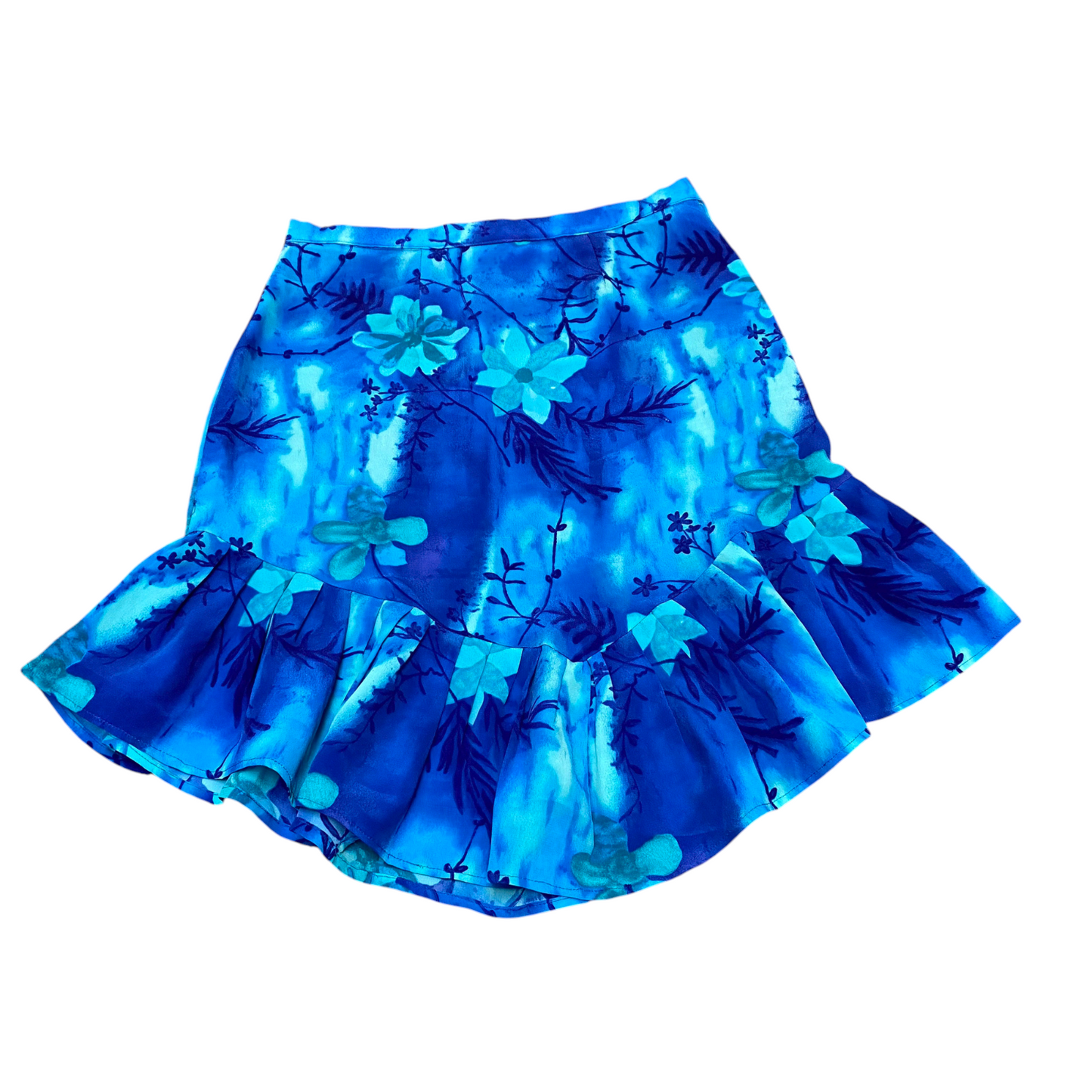 Womens Mini Skirt M Blue Floral Print Ruffled Hem Side Zipper Casual Low Waist